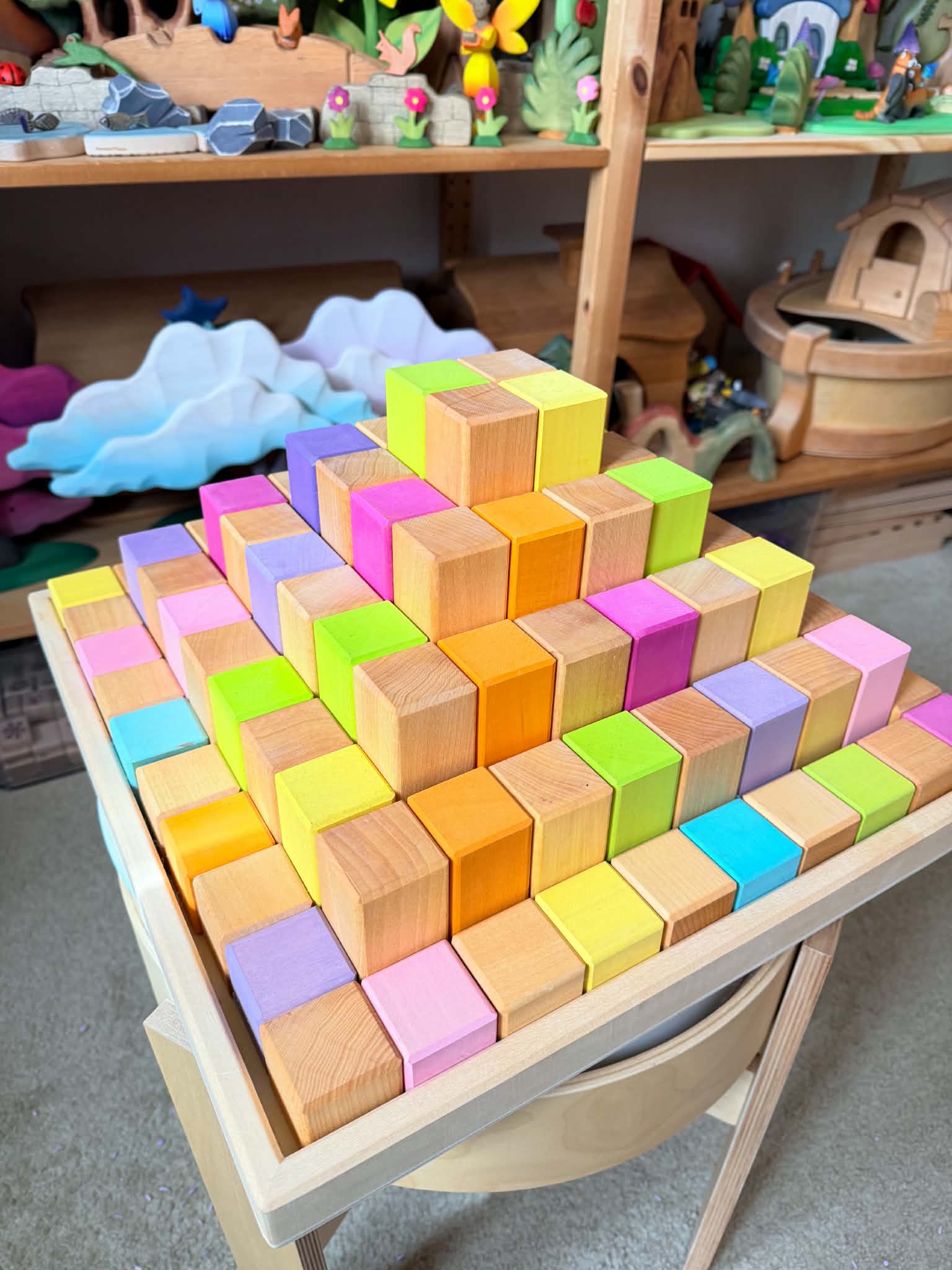 **Pre-order (Ships in 2-3 Weeks)**100 Pcs Large Natural Stepped Pyramid Wooden Stacking Building Blocks