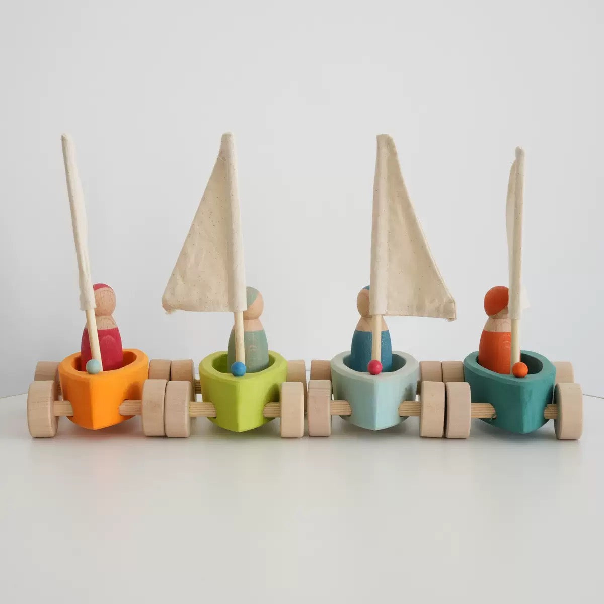 **Pre-order (Ships in 1-2 Weeks)**4 Pcs STAINED Wooden Land Yachts Set with 4 Peg Dolls