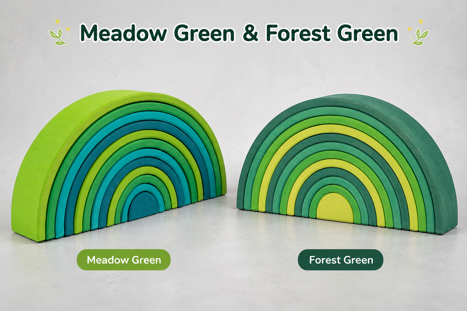 **Pre-order (Ships in 2-3 Weeks)**12-Piece Stained Large Basswood Rainbow Stacking Blocks | Meadow Green & Forest Green