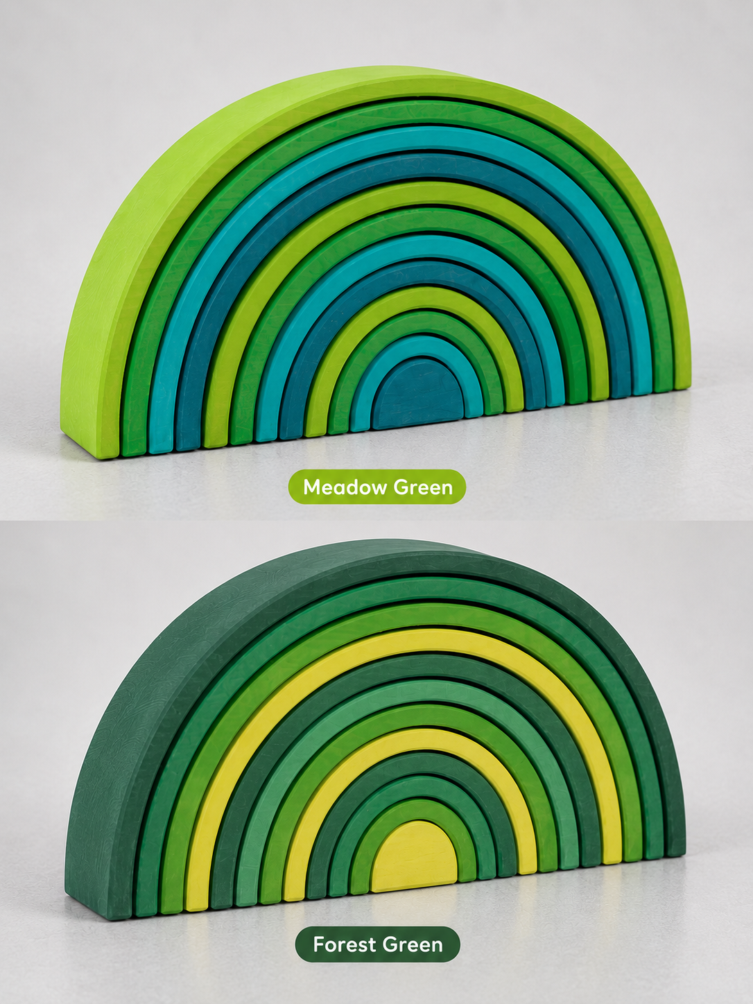 **Pre-order (Ships in 2-3 Weeks)**12-Piece Stained Large Basswood Rainbow Stacking Blocks | Meadow Green & Forest Green