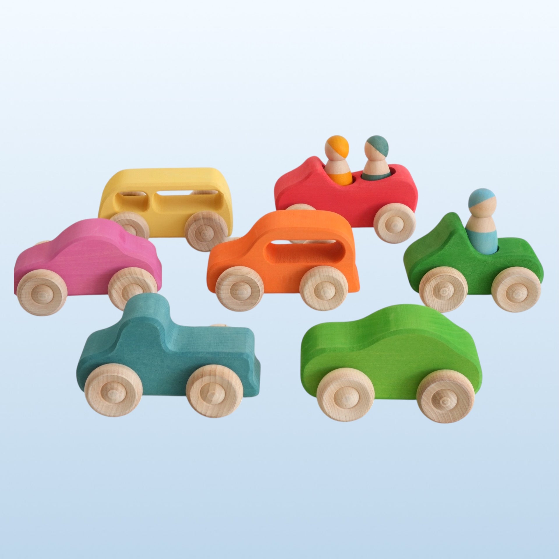 **Pre-order (Ships in 2-3 Weeks)**7-Piece Wooden Rainbow Cars Set with 3 Peg Dolls | Stained Basswood or Painted Beechwood