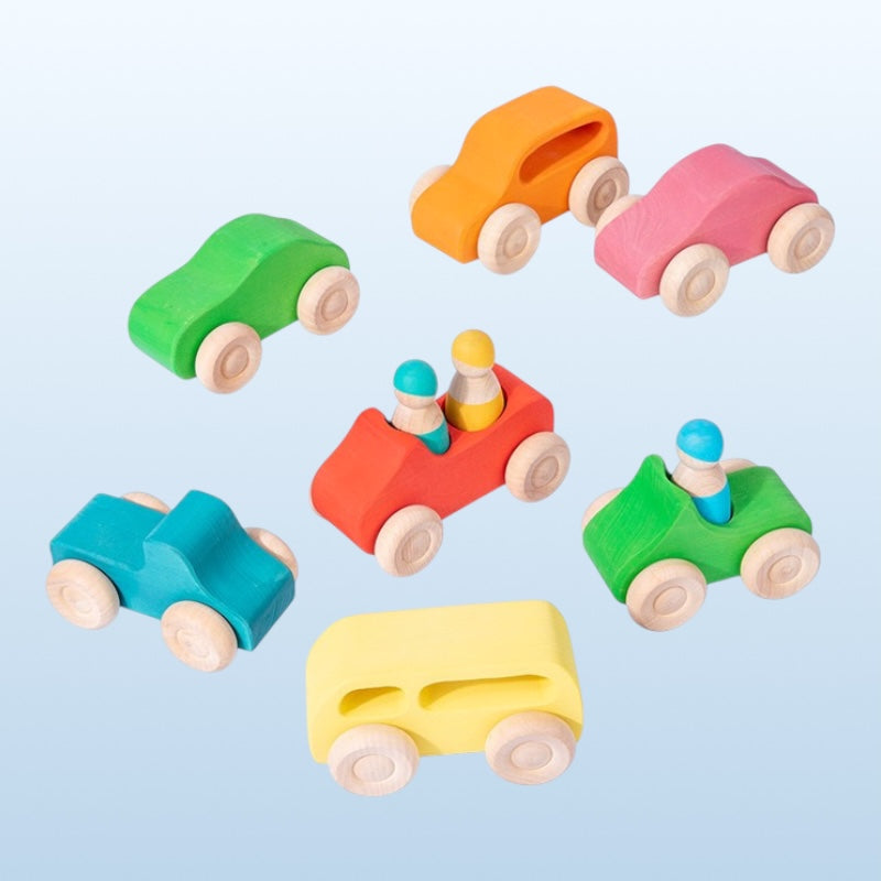 **Pre-order (Ships in 2-3 Weeks)**7-Piece Wooden Rainbow Cars Set with 3 Peg Dolls | Stained Basswood or Painted Beechwood