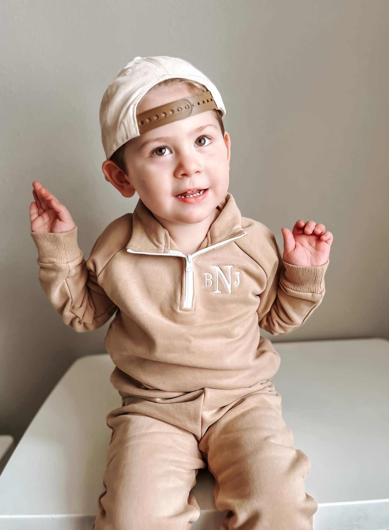 Custom Embroidered Organic Cotton Quarter Zip Set - Tan