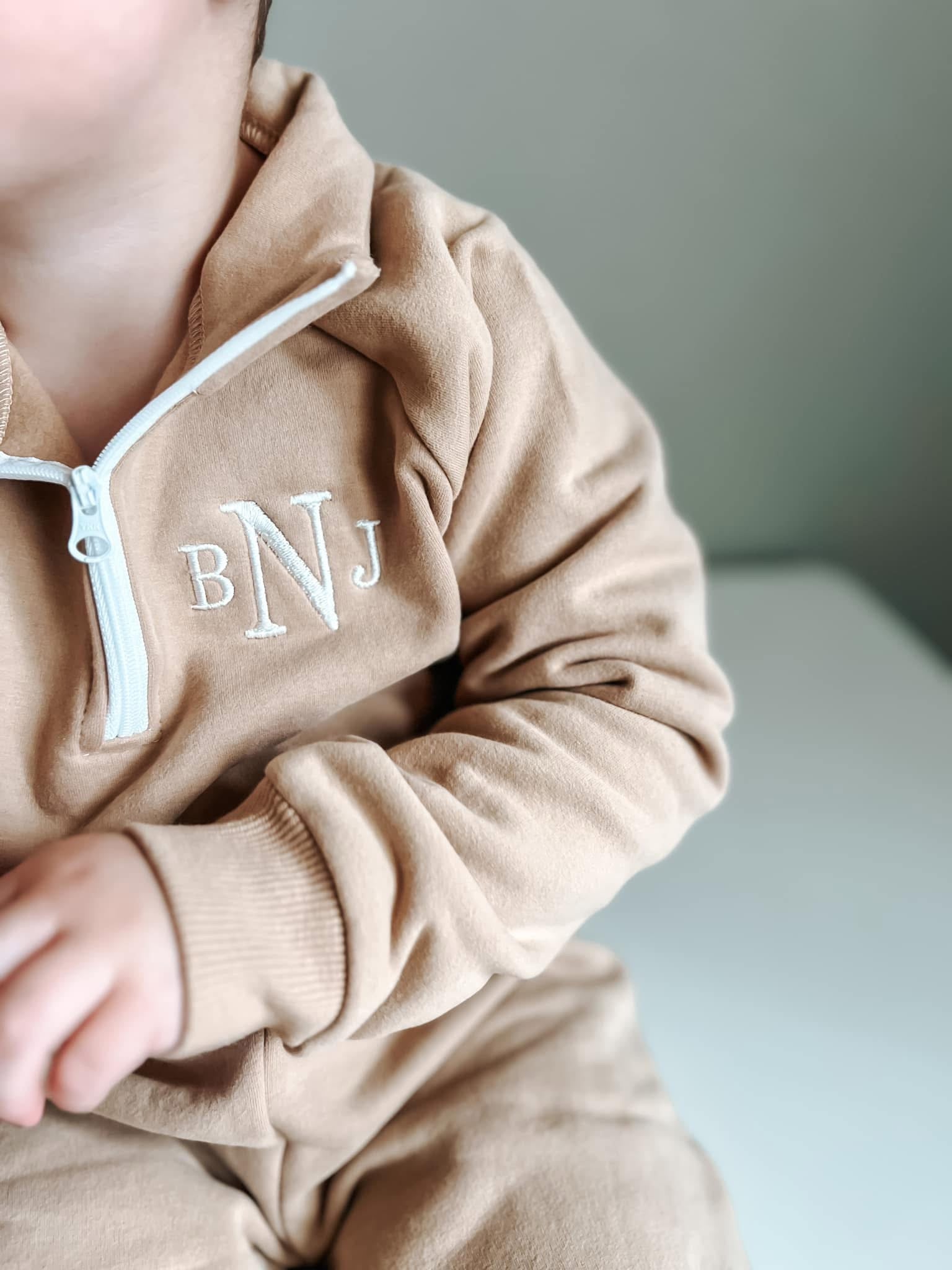 Custom Embroidered Organic Cotton Quarter Zip Set - Tan