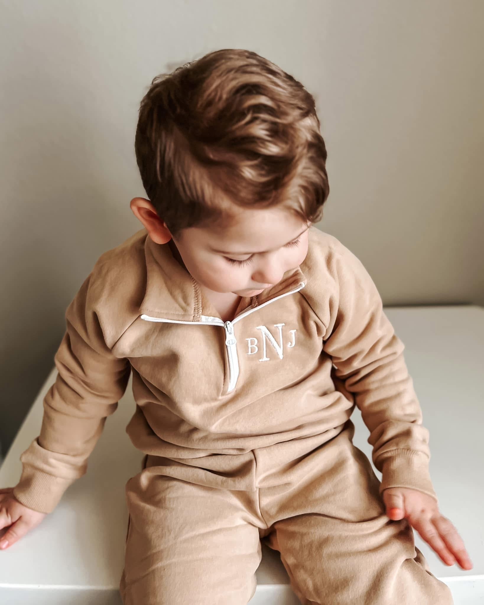 Custom Embroidered Organic Cotton Quarter Zip Set - Tan