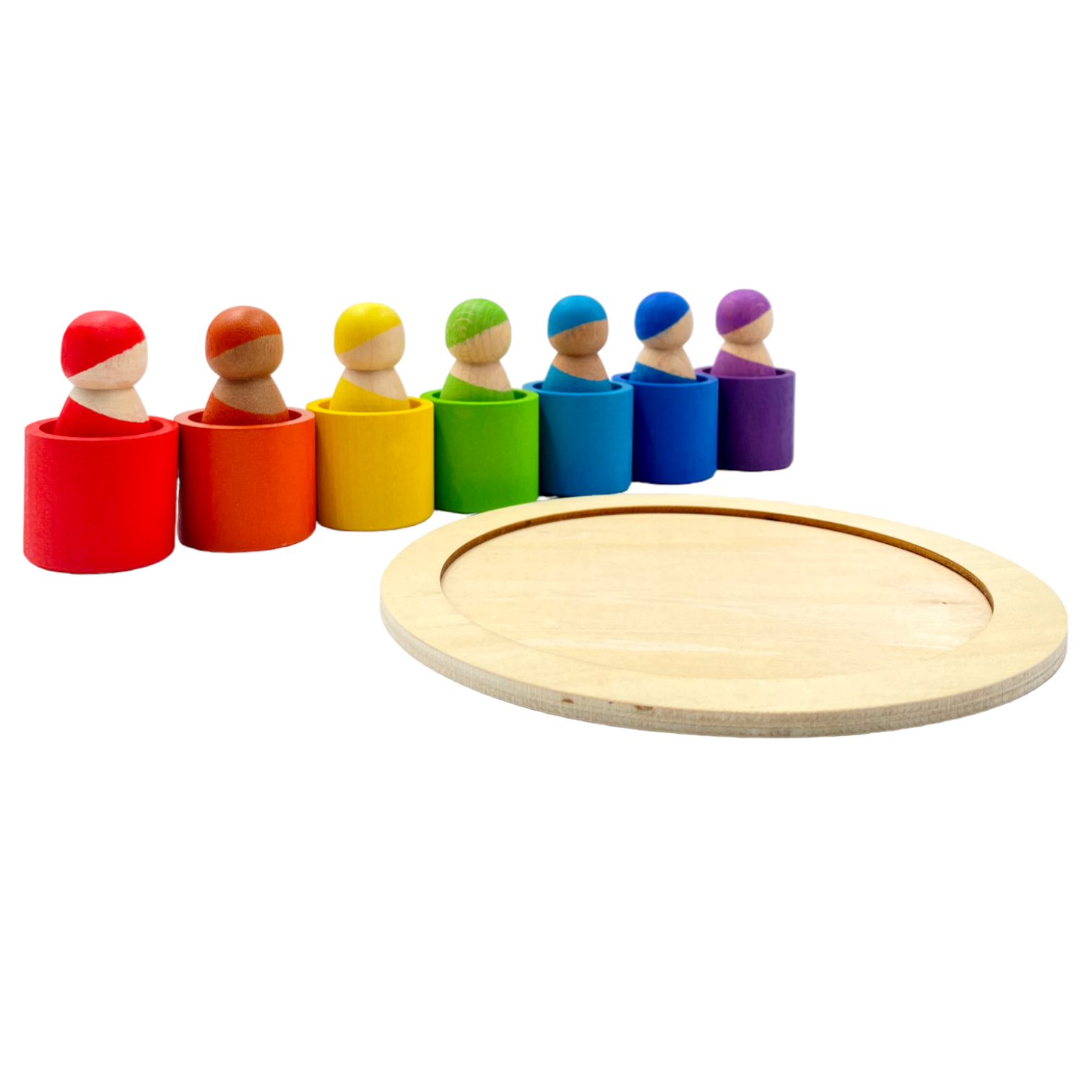 **Pre-order (Ships in 1-2 Weeks)**7-Piece “Skin Stones” Stained Rainbow Wooden Peg Dolls in Matching Bowls