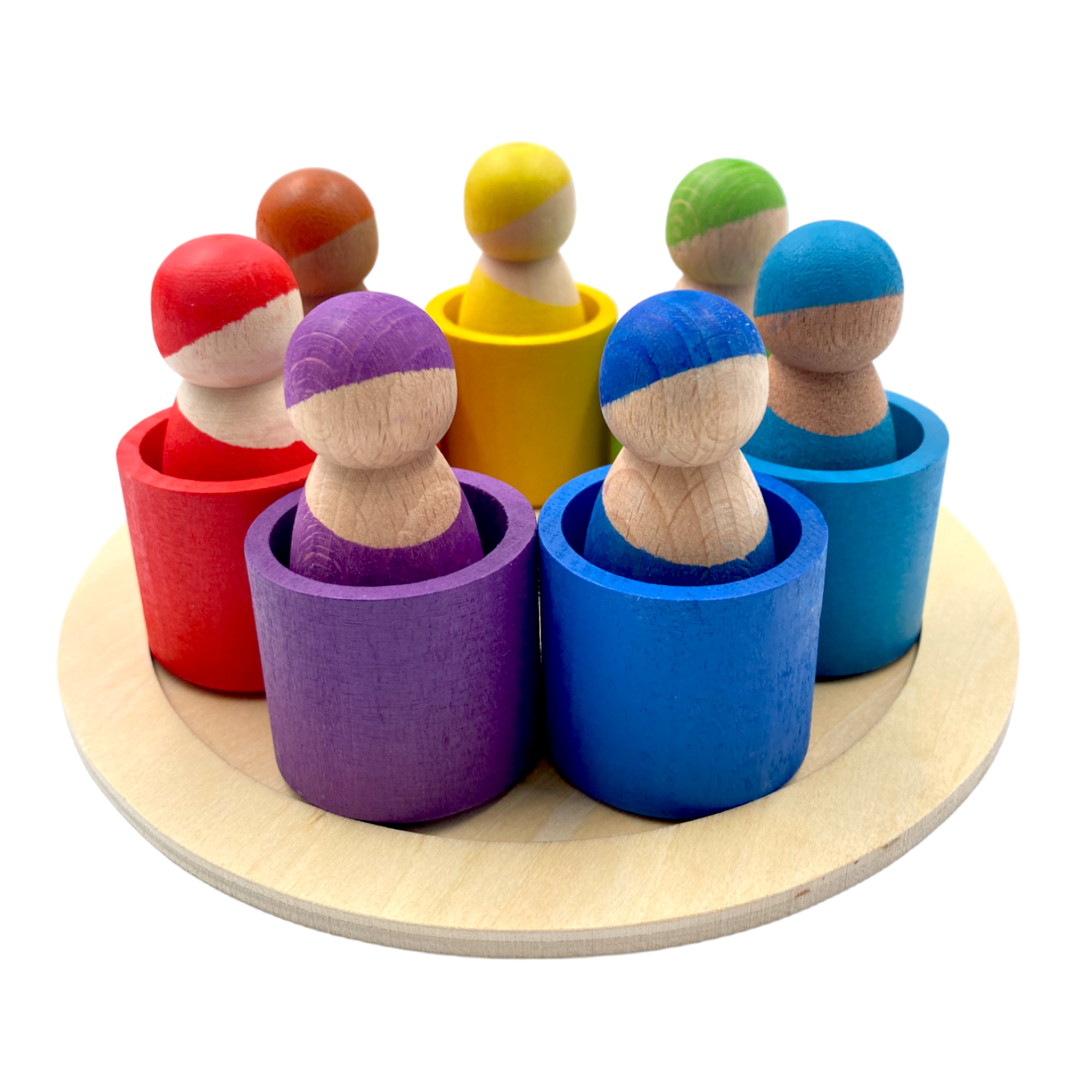 **Pre-order (Ships in 1-2 Weeks)**7-Piece “Skin Stones” Stained Rainbow Wooden Peg Dolls in Matching Bowls