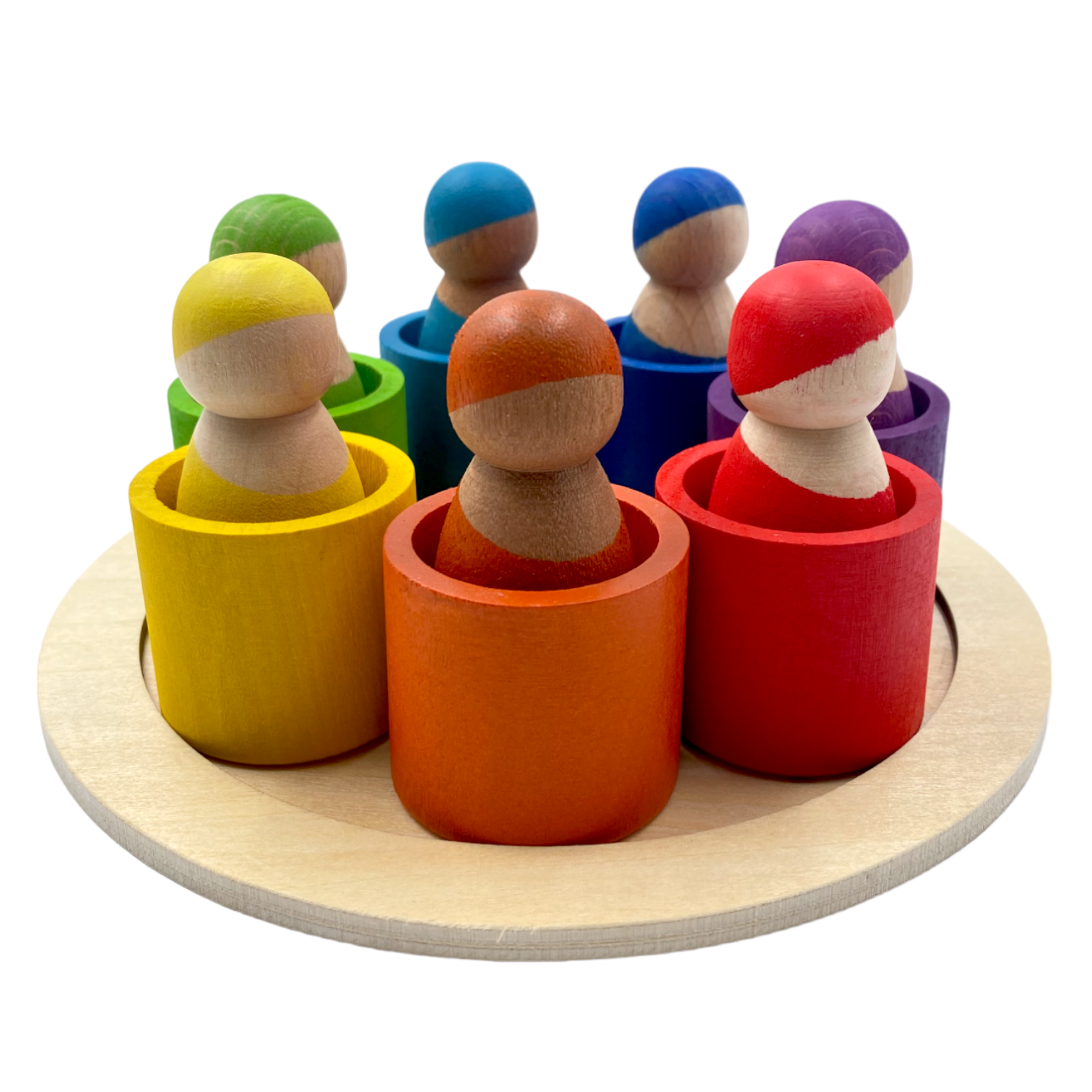 **Pre-order (Ships in 1-2 Weeks)**7-Piece “Skin Stones” Stained Rainbow Wooden Peg Dolls in Matching Bowls