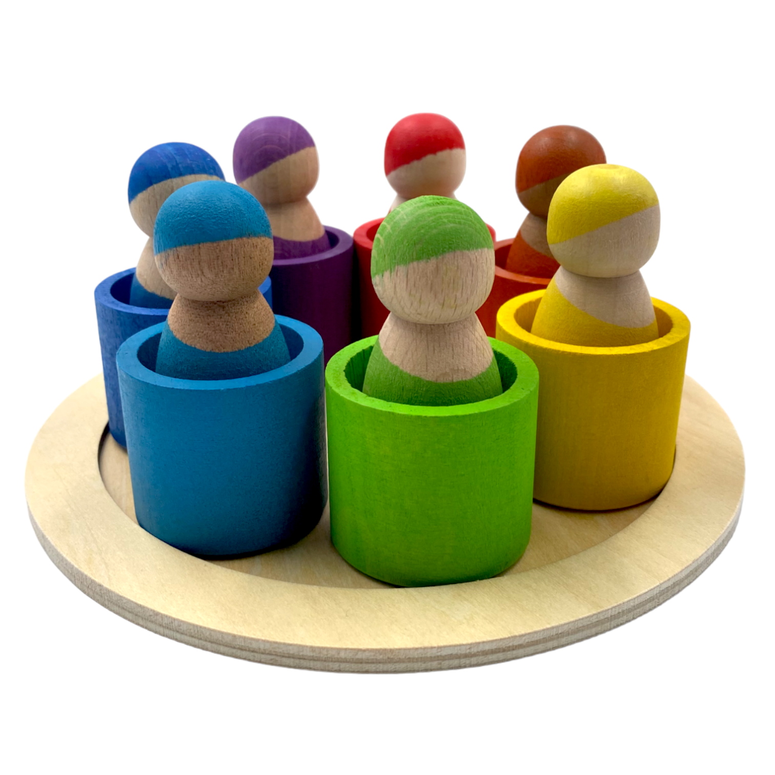 **Pre-order (Ships in 1-2 Weeks)**7-Piece “Skin Stones” Stained Rainbow Wooden Peg Dolls in Matching Bowls
