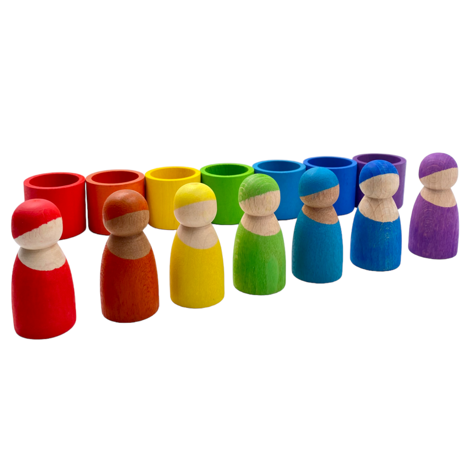 **Pre-order (Ships in 1-2 Weeks)**7-Piece “Skin Stones” Stained Rainbow Wooden Peg Dolls in Matching Bowls