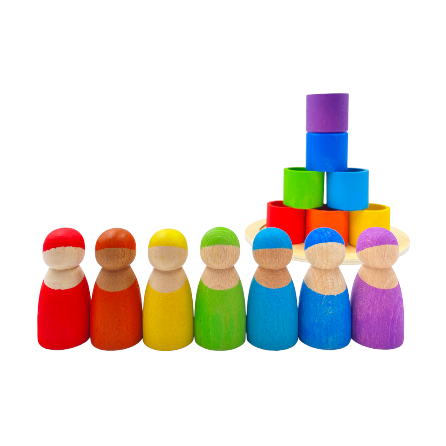 **Pre-order (Ships in 1-2 Weeks)**7-Piece “Skin Stones” Stained Rainbow Wooden Peg Dolls in Matching Bowls