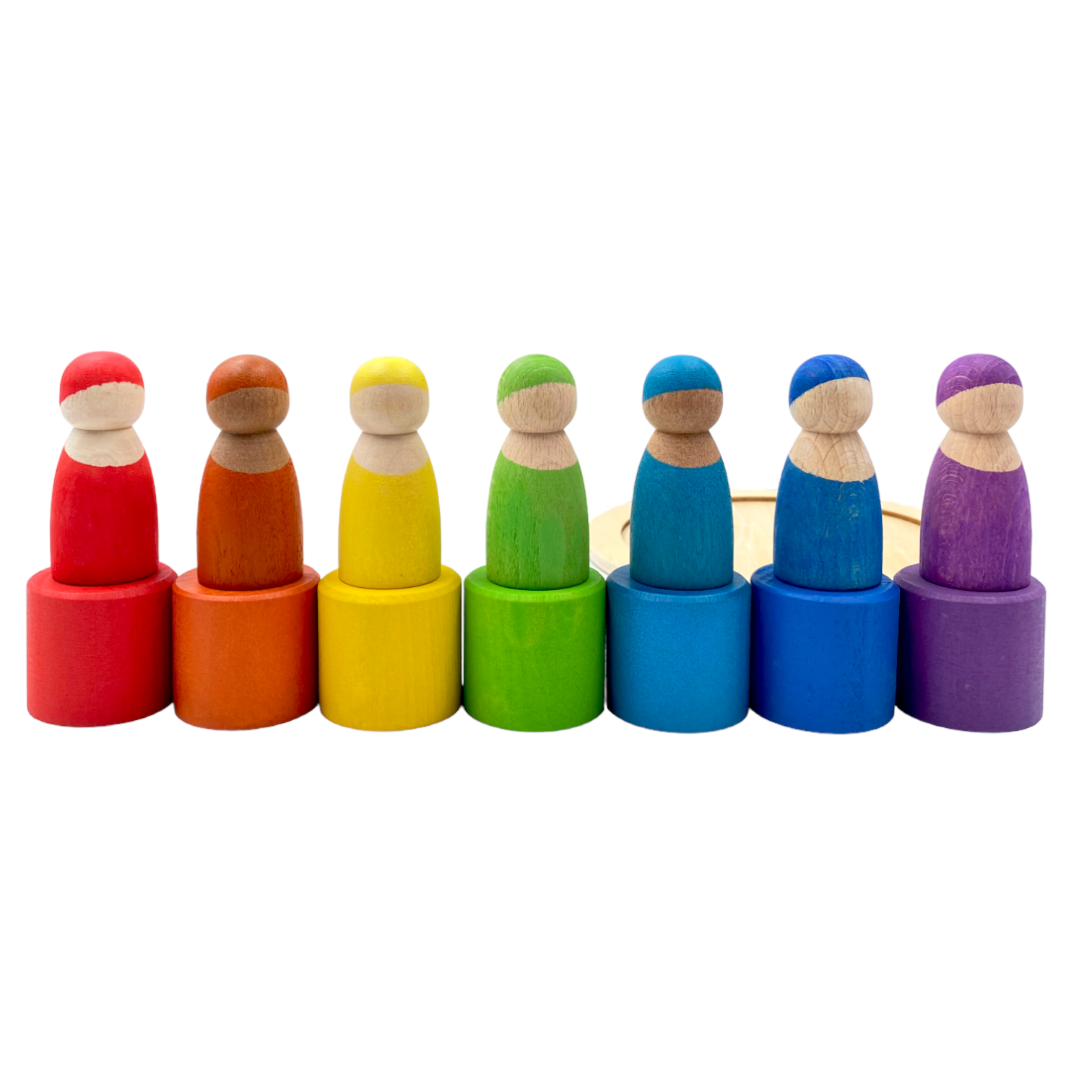 **Pre-order (Ships in 1-2 Weeks)**7-Piece “Skin Stones” Stained Rainbow Wooden Peg Dolls in Matching Bowls