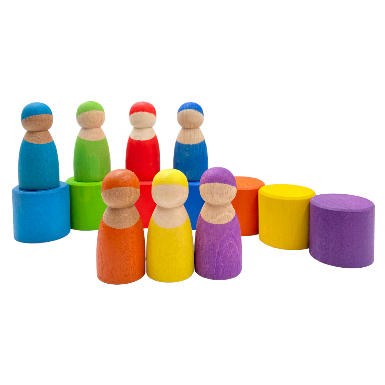 **Pre-order (Ships in 1-2 Weeks)**7-Piece “Skin Stones” Stained Rainbow Wooden Peg Dolls in Matching Bowls