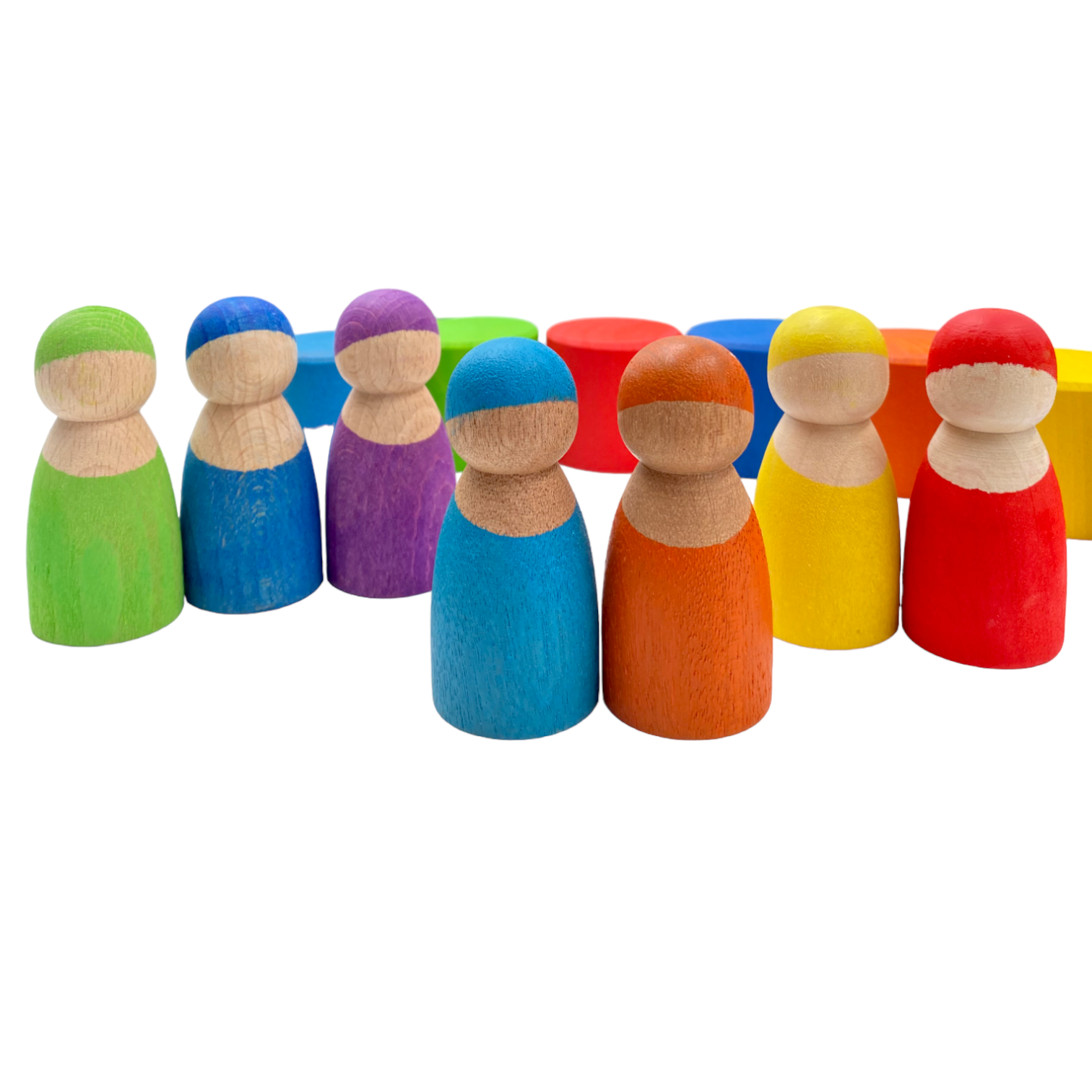 **Pre-order (Ships in 1-2 Weeks)**7-Piece “Skin Stones” Stained Rainbow Wooden Peg Dolls in Matching Bowls