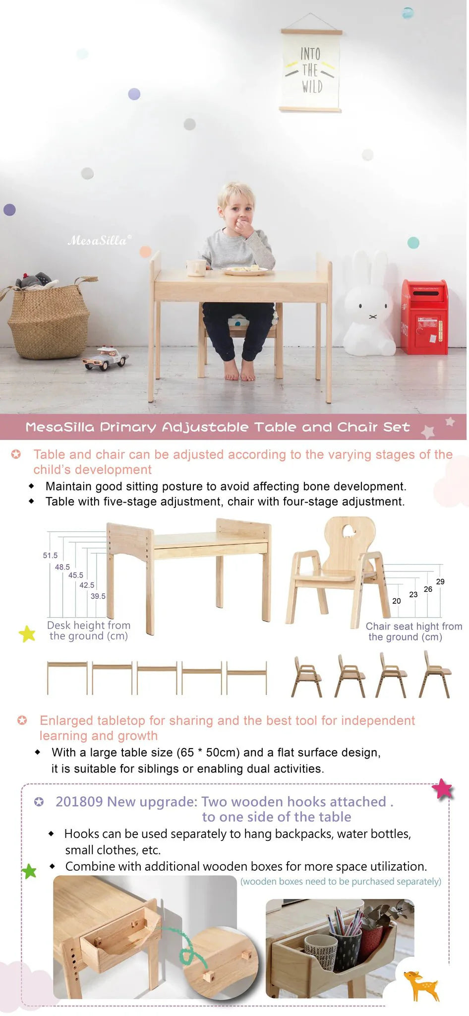 Mesasilla Primary Adjustable Table Set - with drawer-Bear  Car Rabbit  Star - Height Adjustable