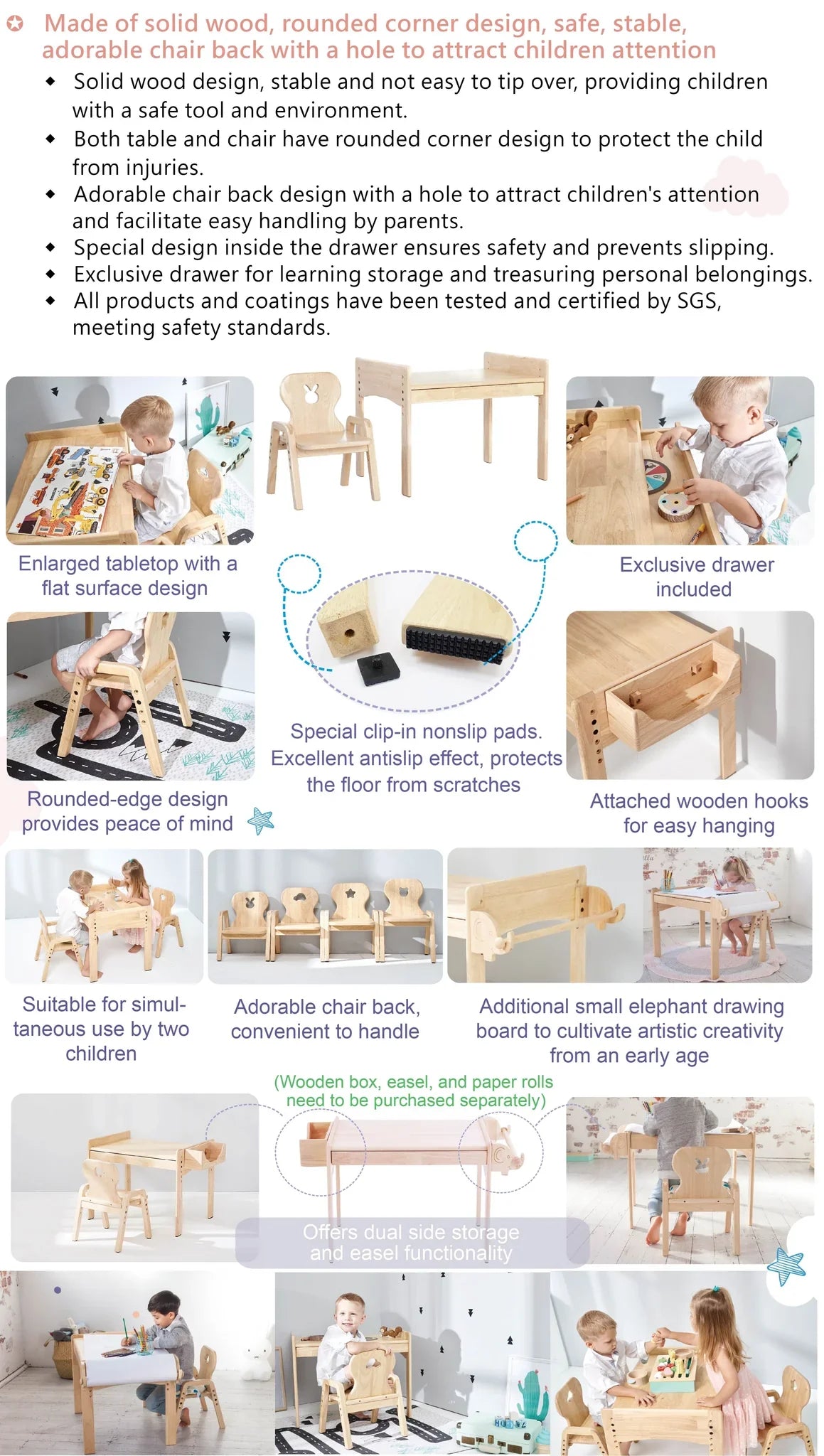 Mesasilla Primary Adjustable Table Set - with drawer-Bear  Car Rabbit  Star - Height Adjustable