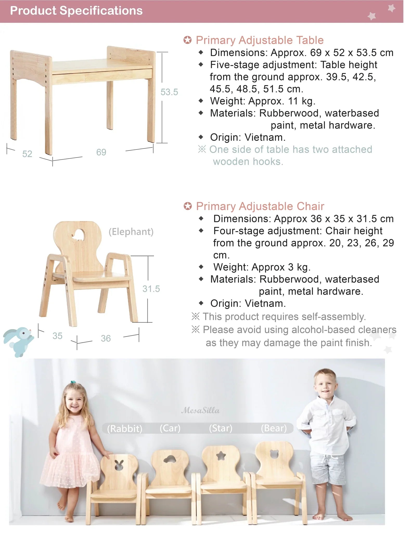Mesasilla Primary Adjustable Table Set - with drawer-Bear  Car Rabbit  Star - Height Adjustable