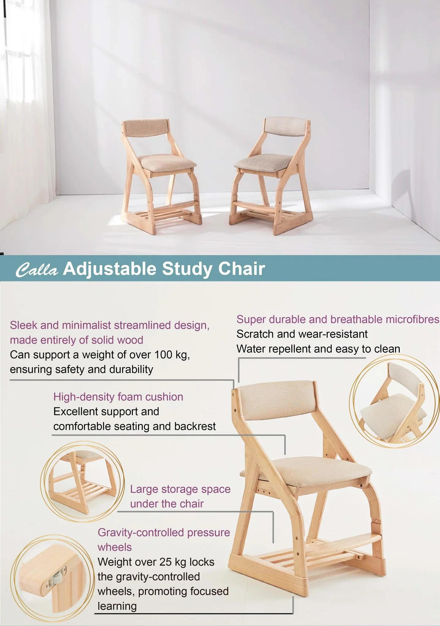 Calla Adjustable Chair - Easy-Clean Fabric, 4 Heights