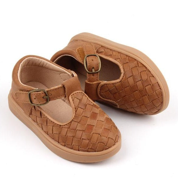 Leather Woven T-Bar | Color 'Walnut' | Hard Sole  Consciously Baby 5 (12 - 18 months)  