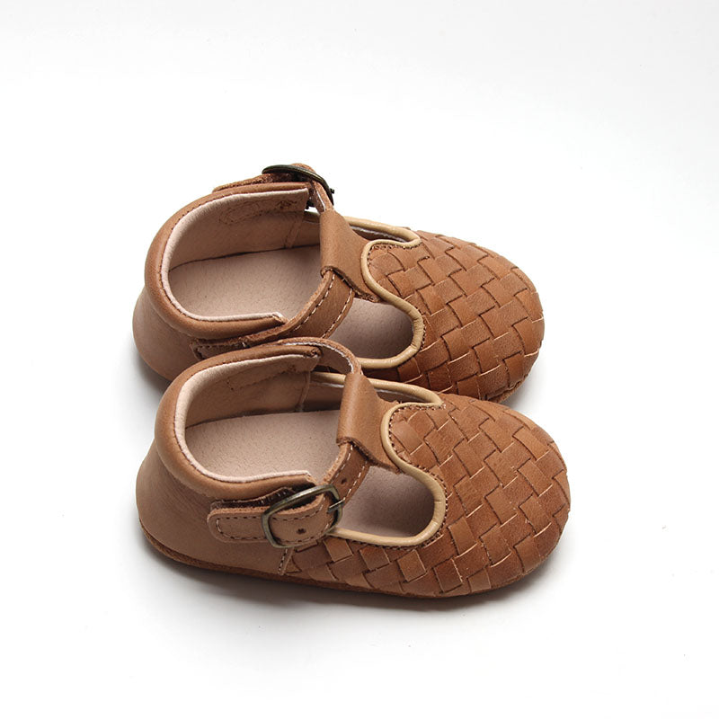 Leather Woven T-Bar | Color 'Walnut' | Soft Sole