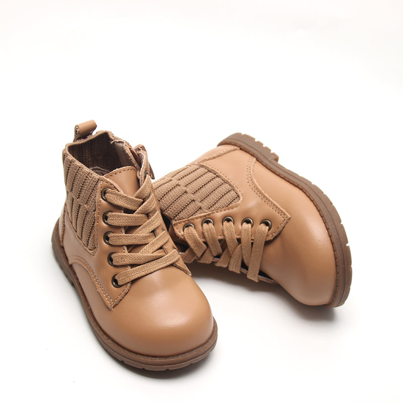 Leather Knit Combat Boot | Color 'Tan'  Consciously Baby 5 (Hard Sole)  