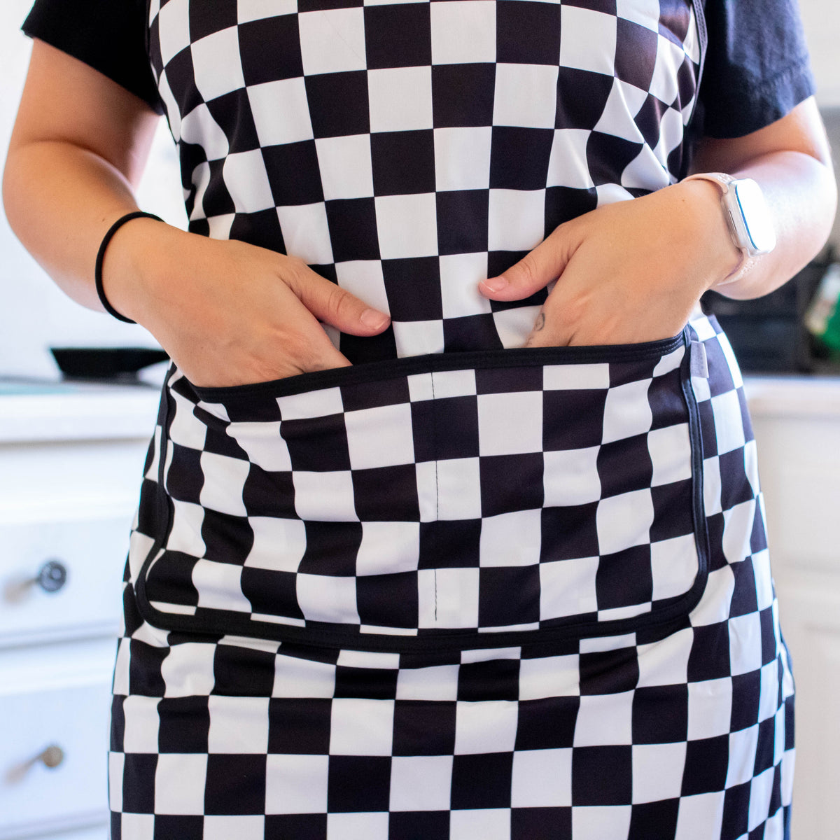 Black Checkerboard Apron - fits sizes youth small through adult 2XL