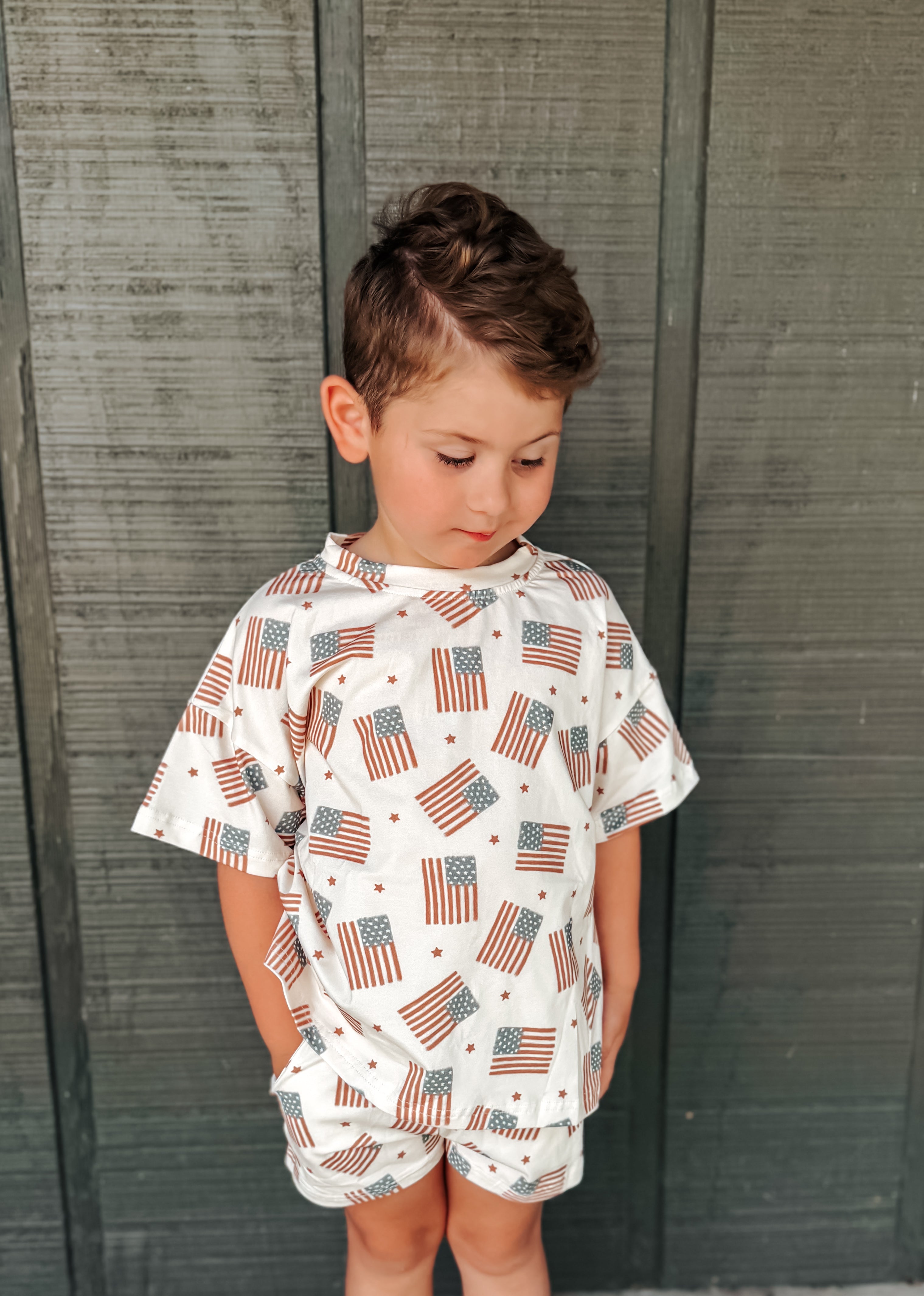 4th of July Flag Print Shorts Set - optional custom embroidery *Size 6 left