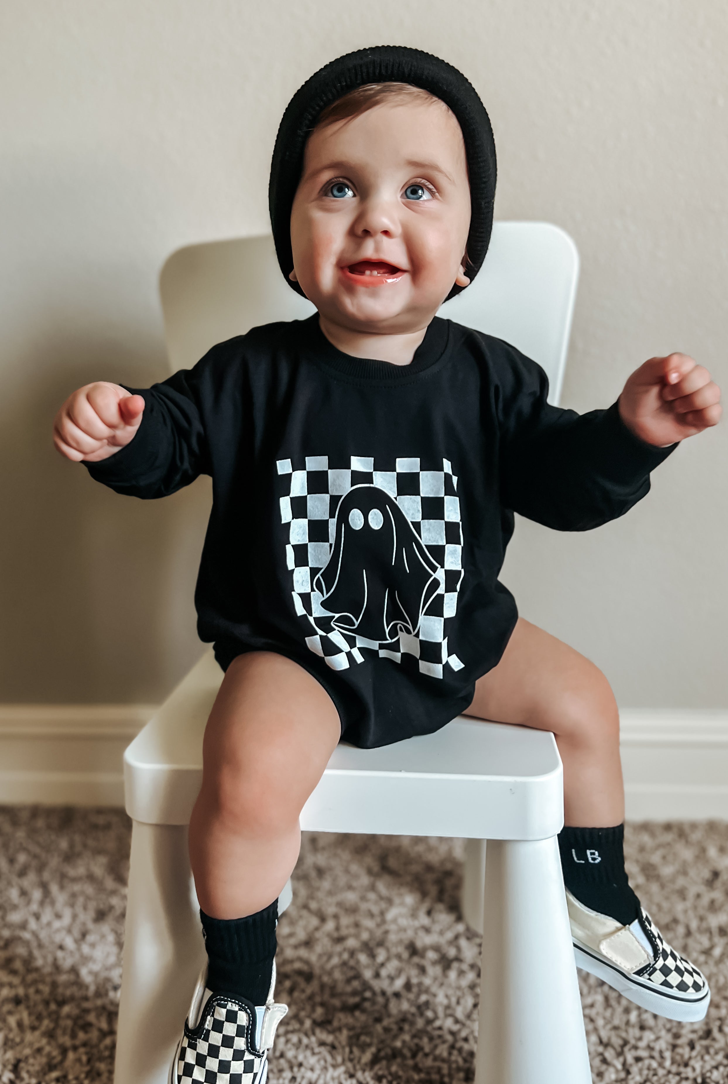 Checkered Ghost Bamboo Sweatshirt Romper