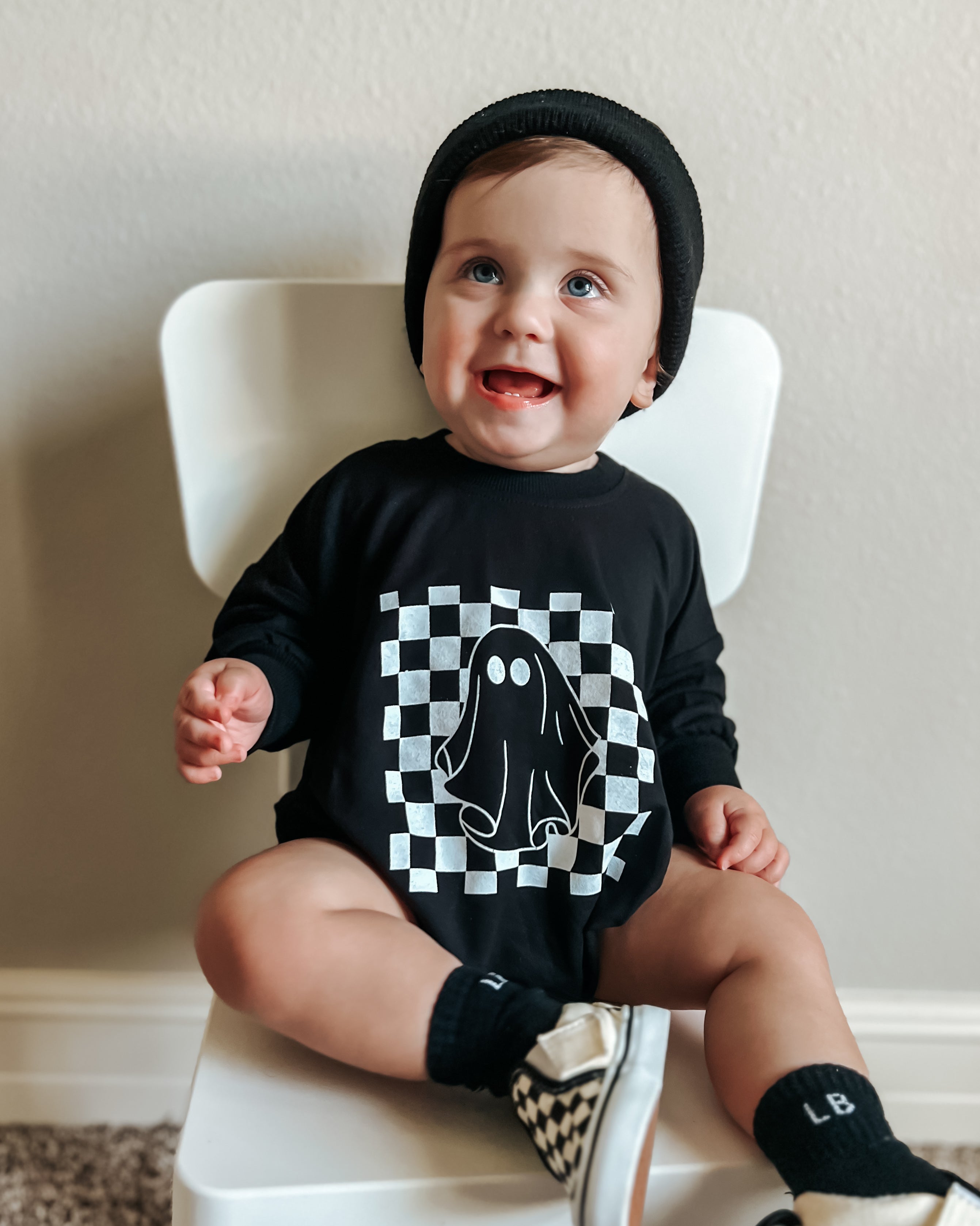 Checkered Ghost Bamboo Sweatshirt Romper