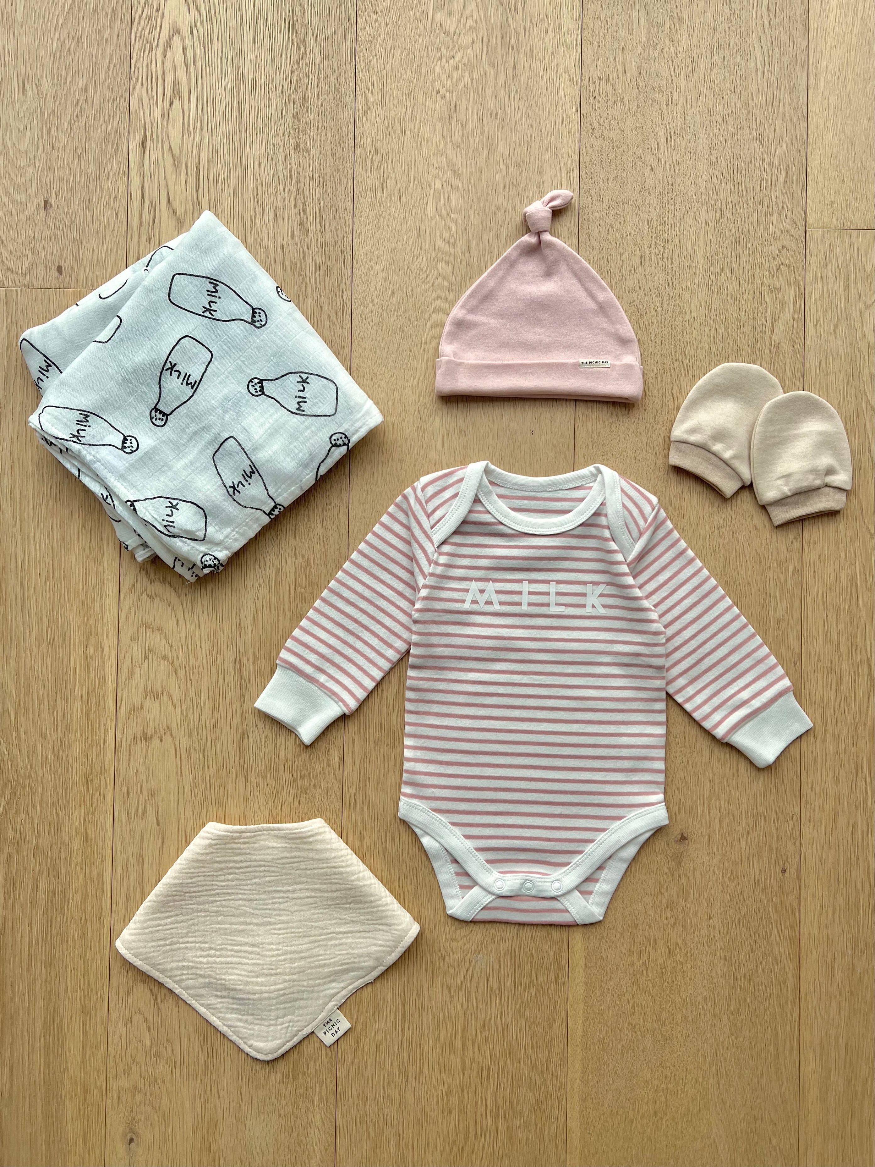 Stripe Organic Baby Gift Bundle Pink gift bundle set The picnic day   