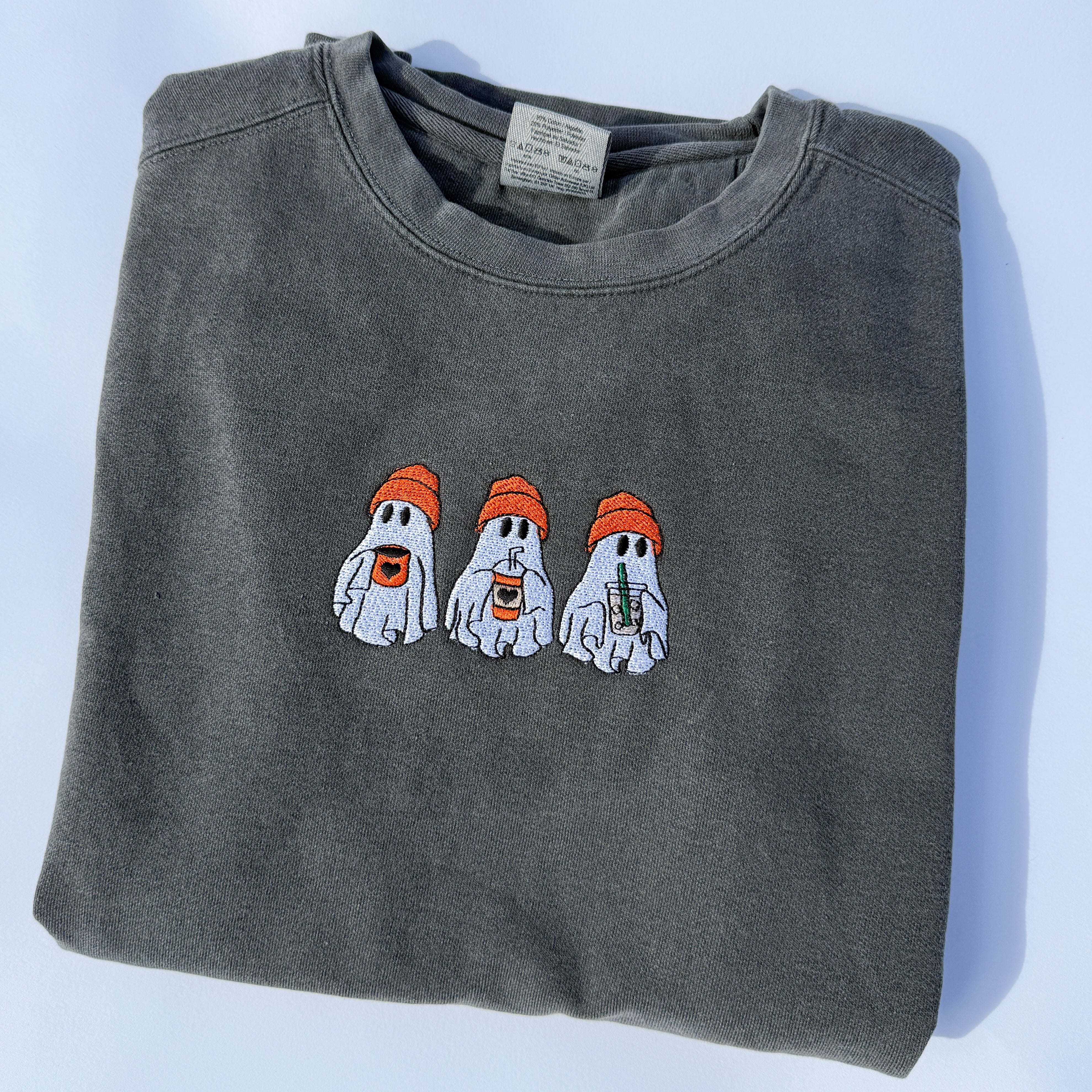Adult Ghost Trio Embroidered Comfort Colors Crewneck Sweatshirt - Pepper