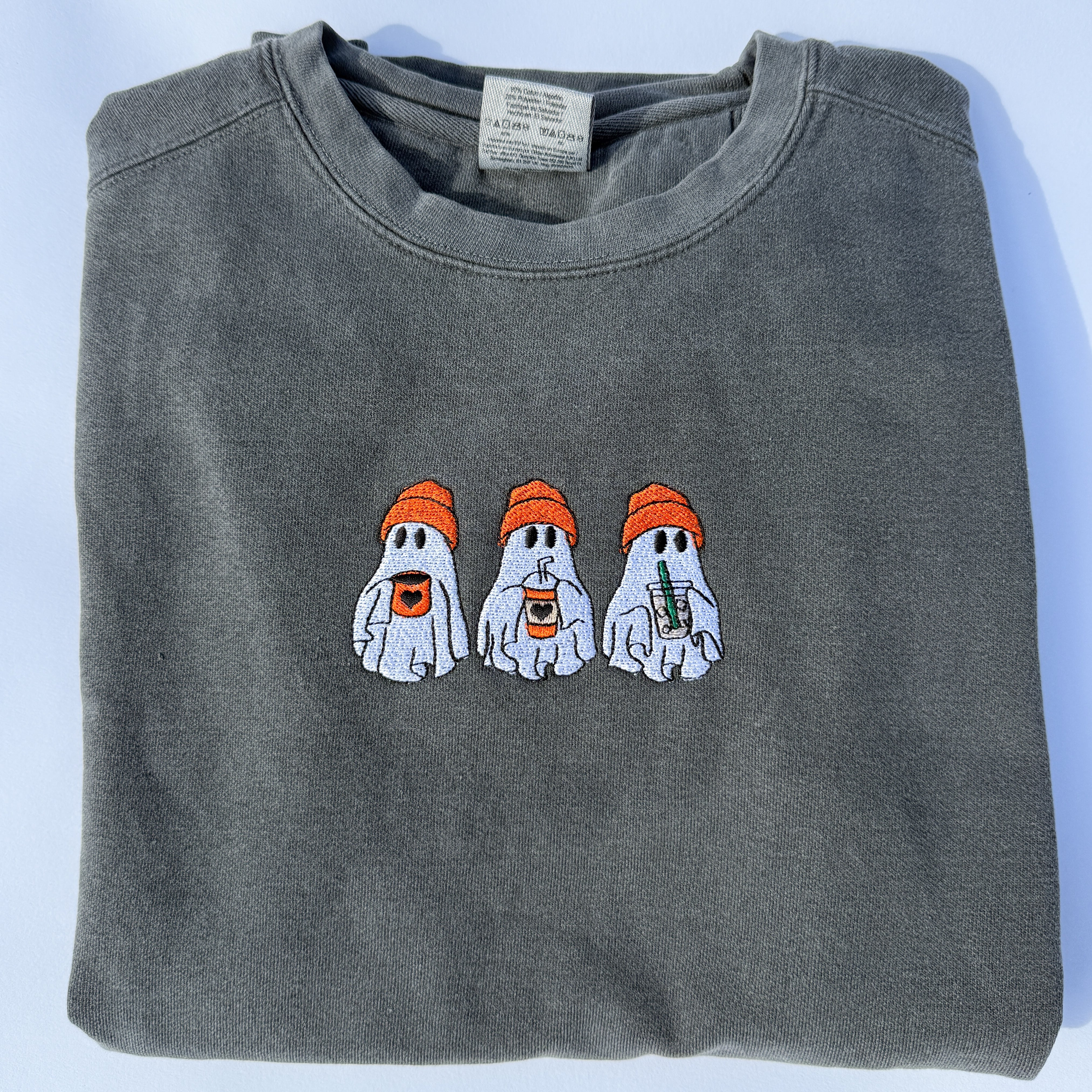 Adult Ghost Trio Embroidered Comfort Colors Crewneck Sweatshirt - Pepper