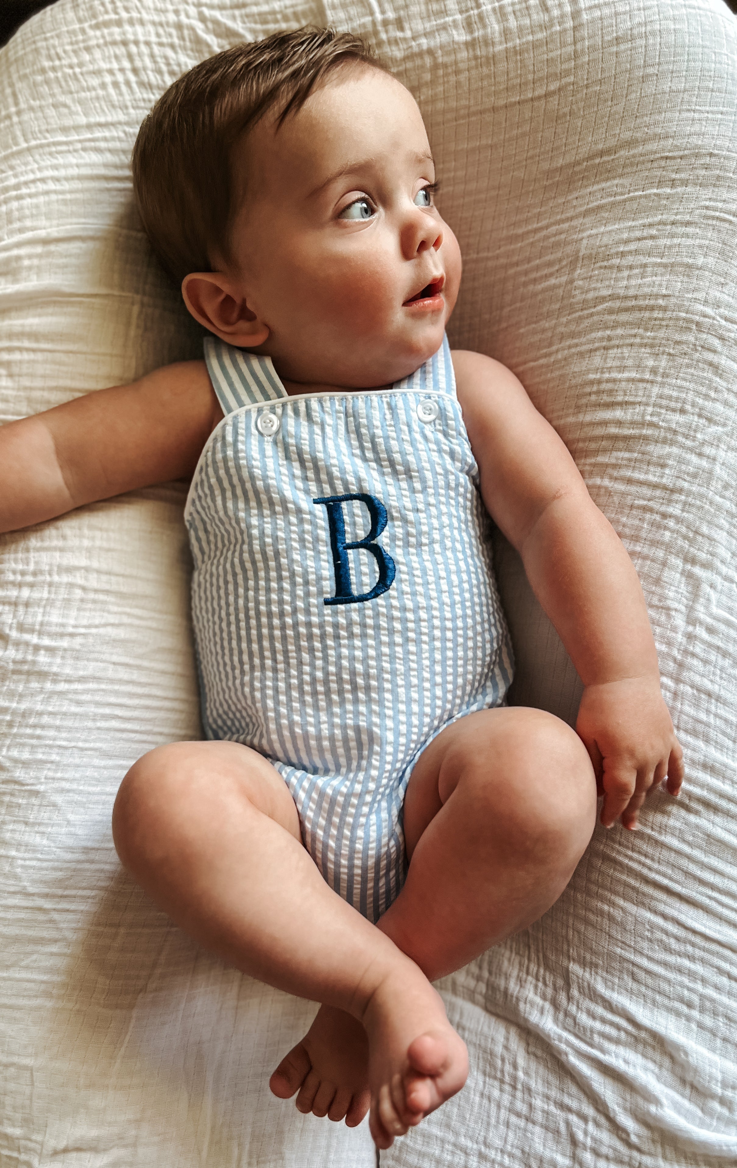 Custom Embroidered Blue Striped Seersucker Sunsuit