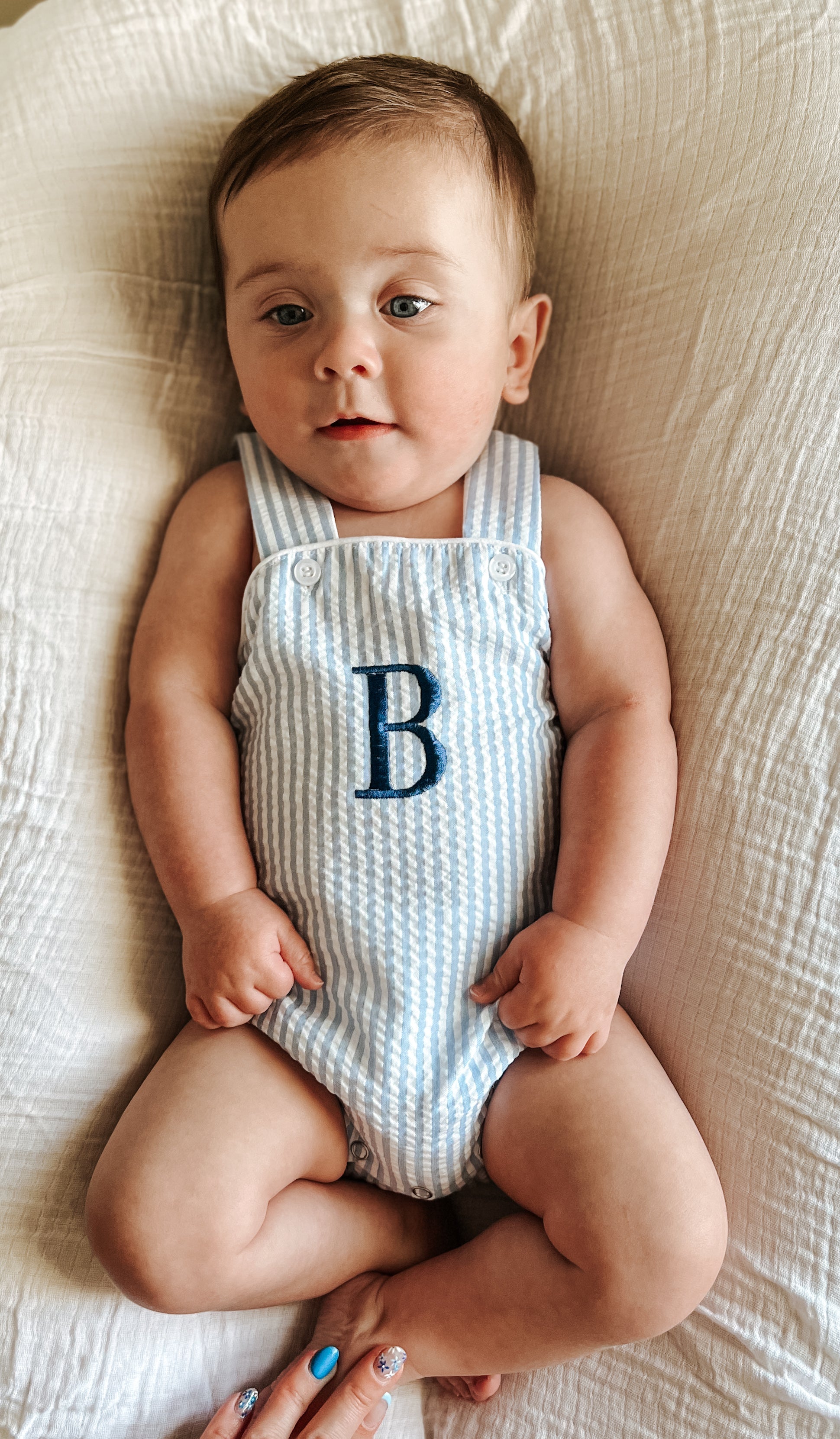 Custom Embroidered Blue Striped Seersucker Sunsuit