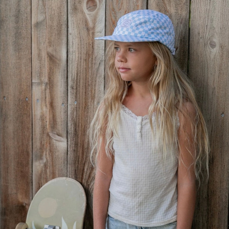 Cotton Five-Panel Hat in Blue Check