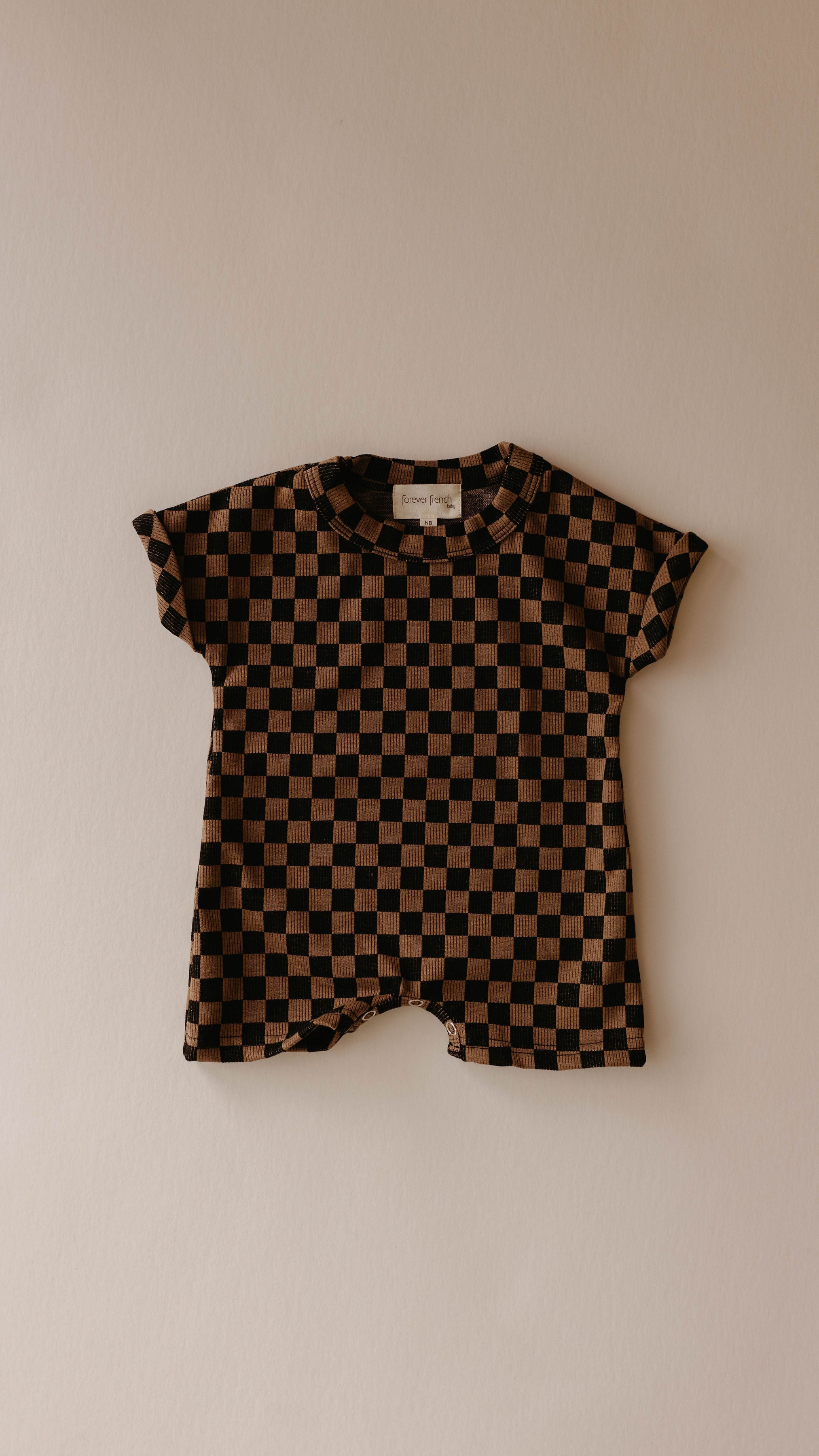 Short Sleeve Ribbed Romper | Black & Brown Checkerboard