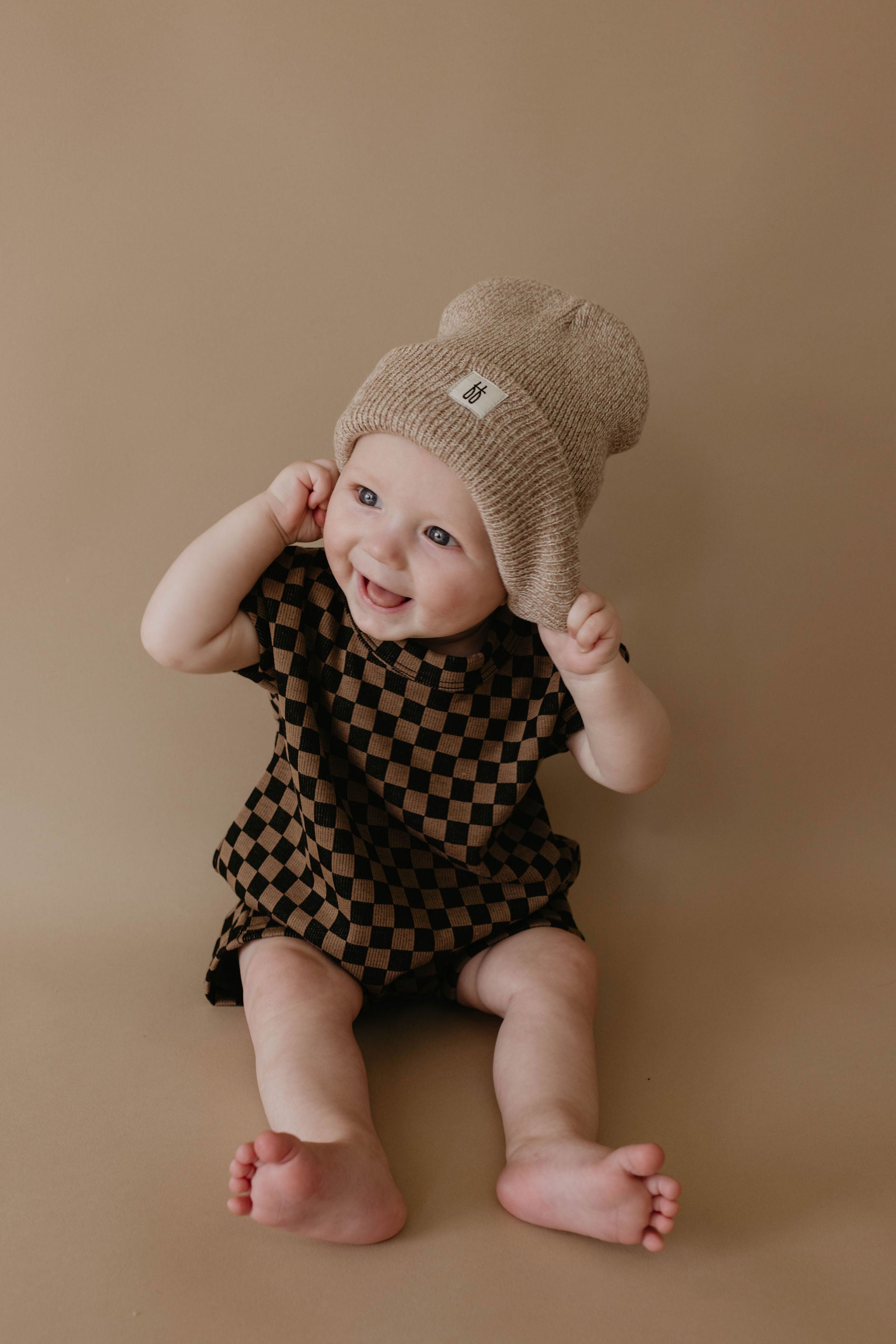 Short Sleeve Ribbed Romper | Black & Brown Checkerboard