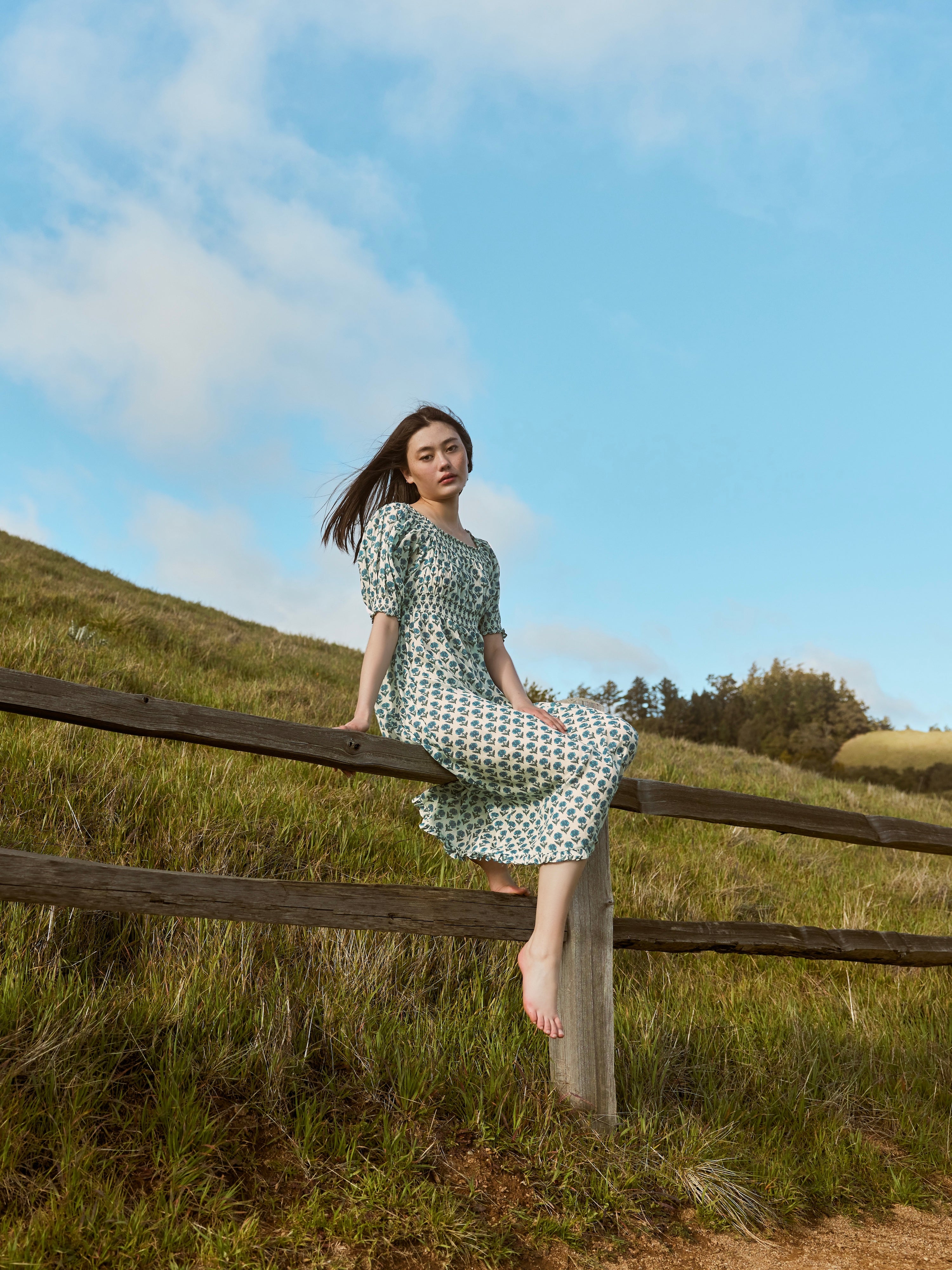 Rosie Midi Dress Nightgown - Ivory/Blue Bell Floral Print