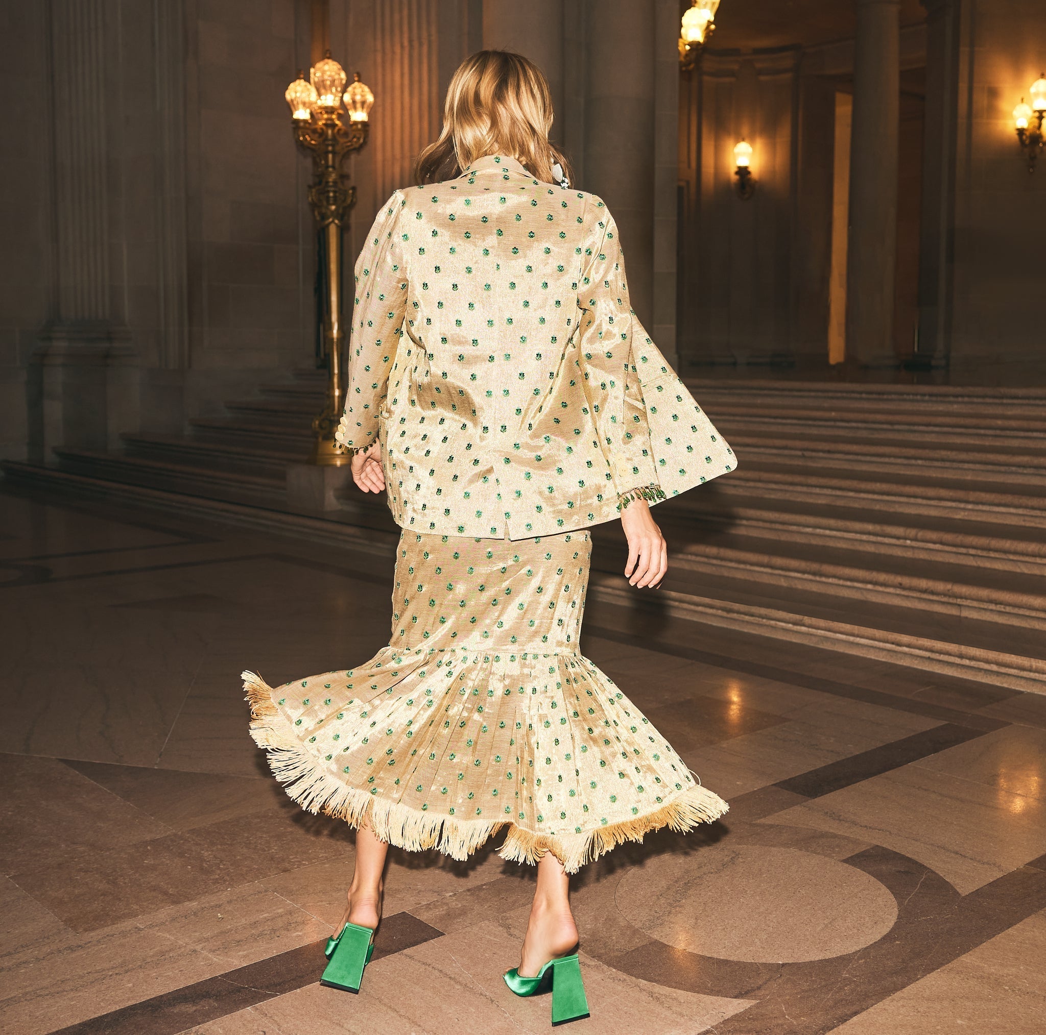 Desirae Embroidered Beaded Blazer - Light Gold/Mini Geometric Floral embroidery