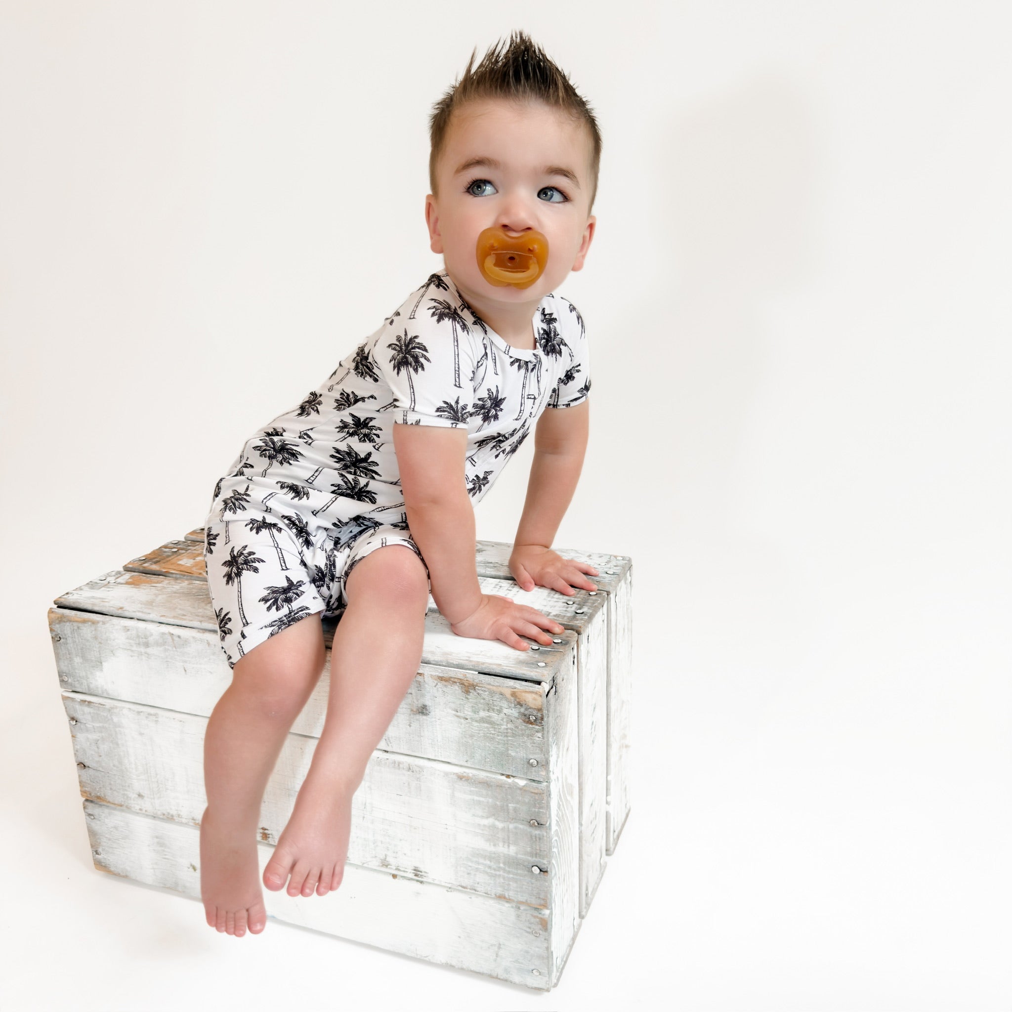 Bamboo Shorty Romper  | Palm Style White