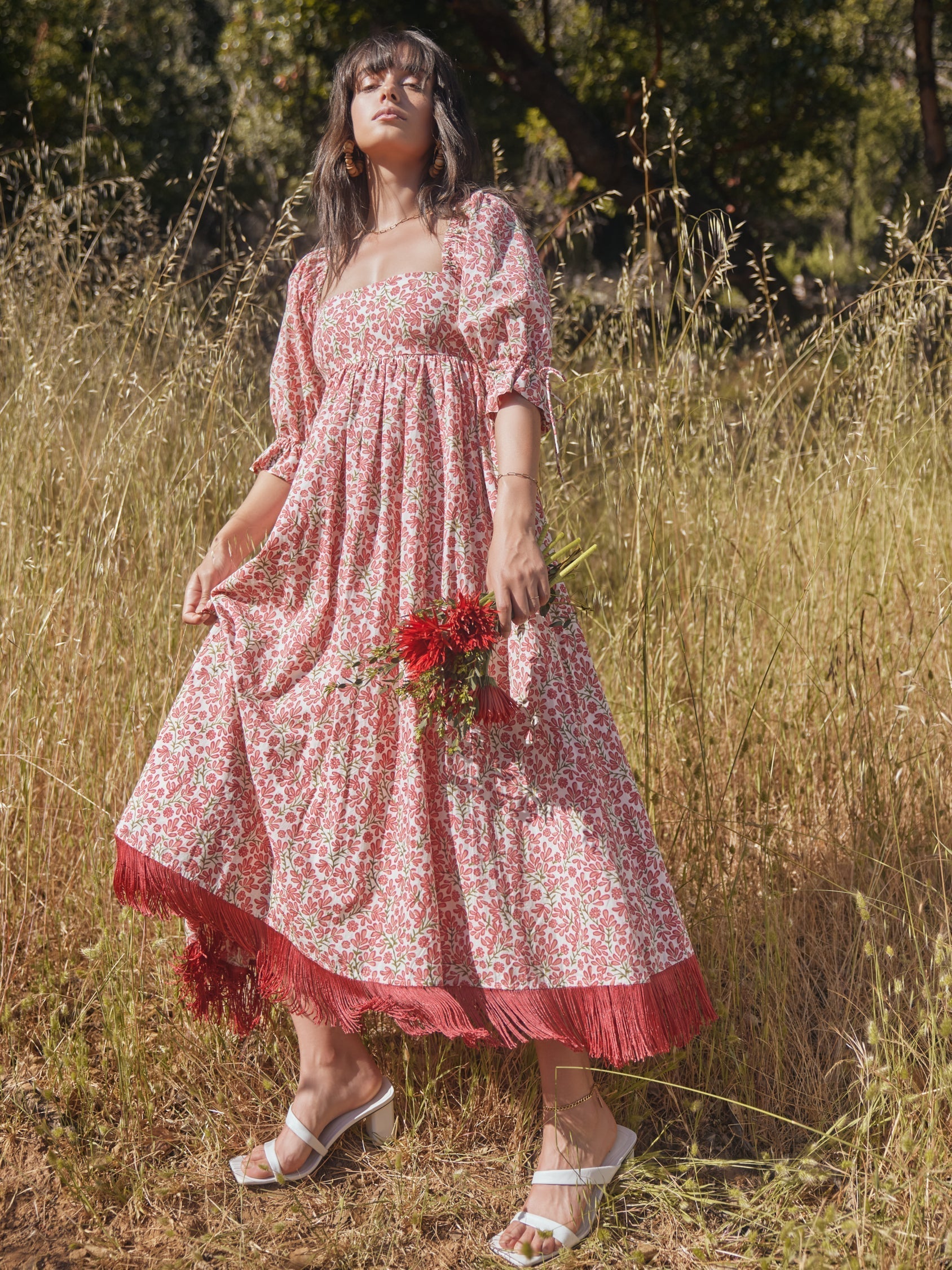 Jocelyn Embroidered Puff Sleeve Fringe Dress - Ivory/Light Ruby Floral