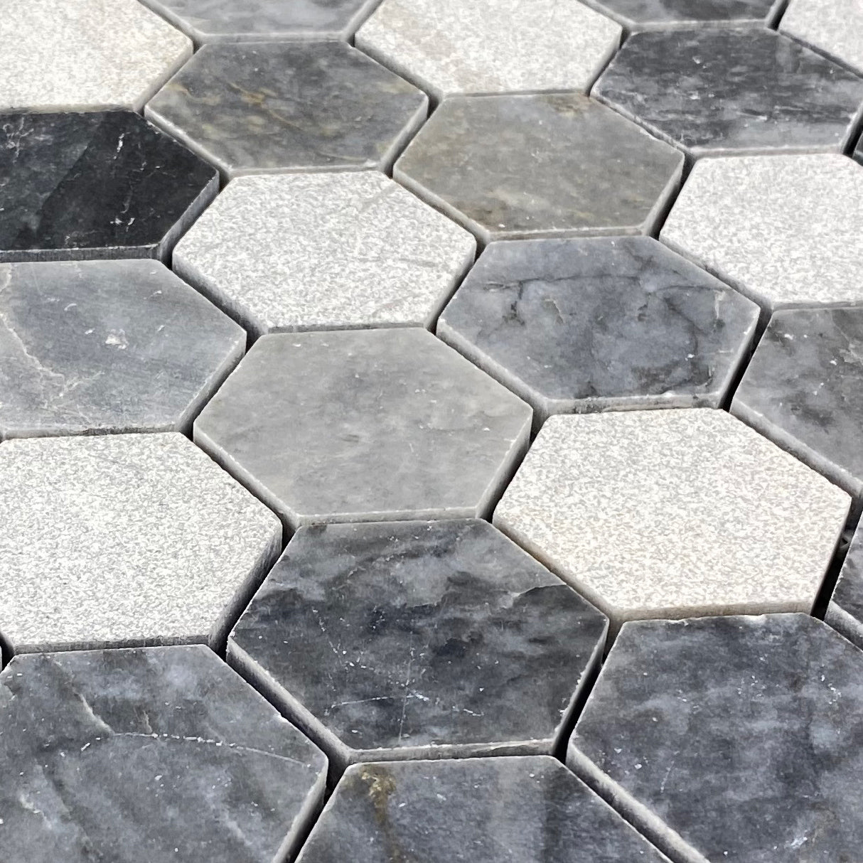 Luna Sky Marble 2" Hexagon Mixed Finish on 12" x 12" Mesh Mosaic Tile - Belair Collection