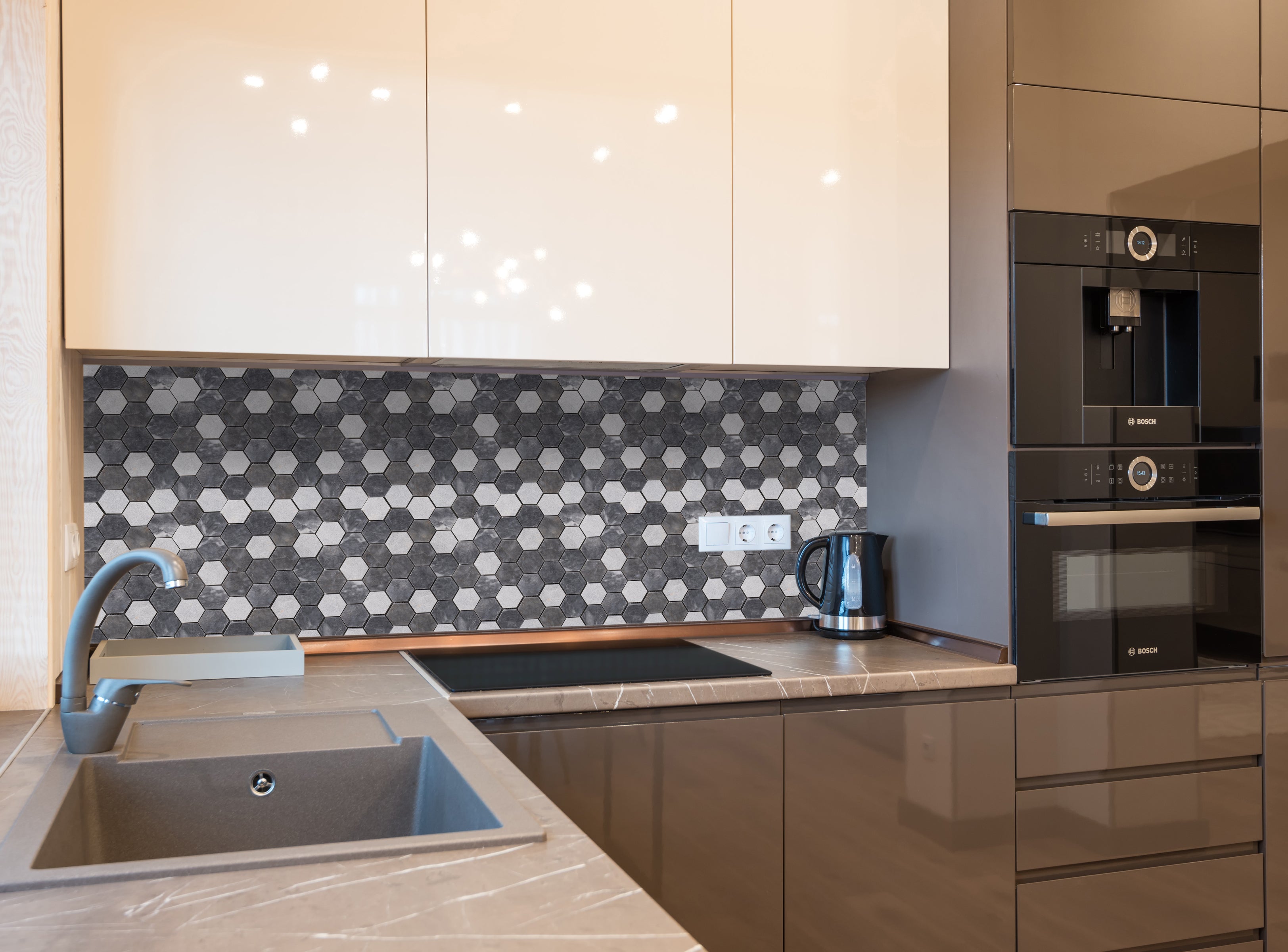 Luna Sky Marble 2" Hexagon Mixed Finish on 12" x 12" Mesh Mosaic Tile - Belair Collection