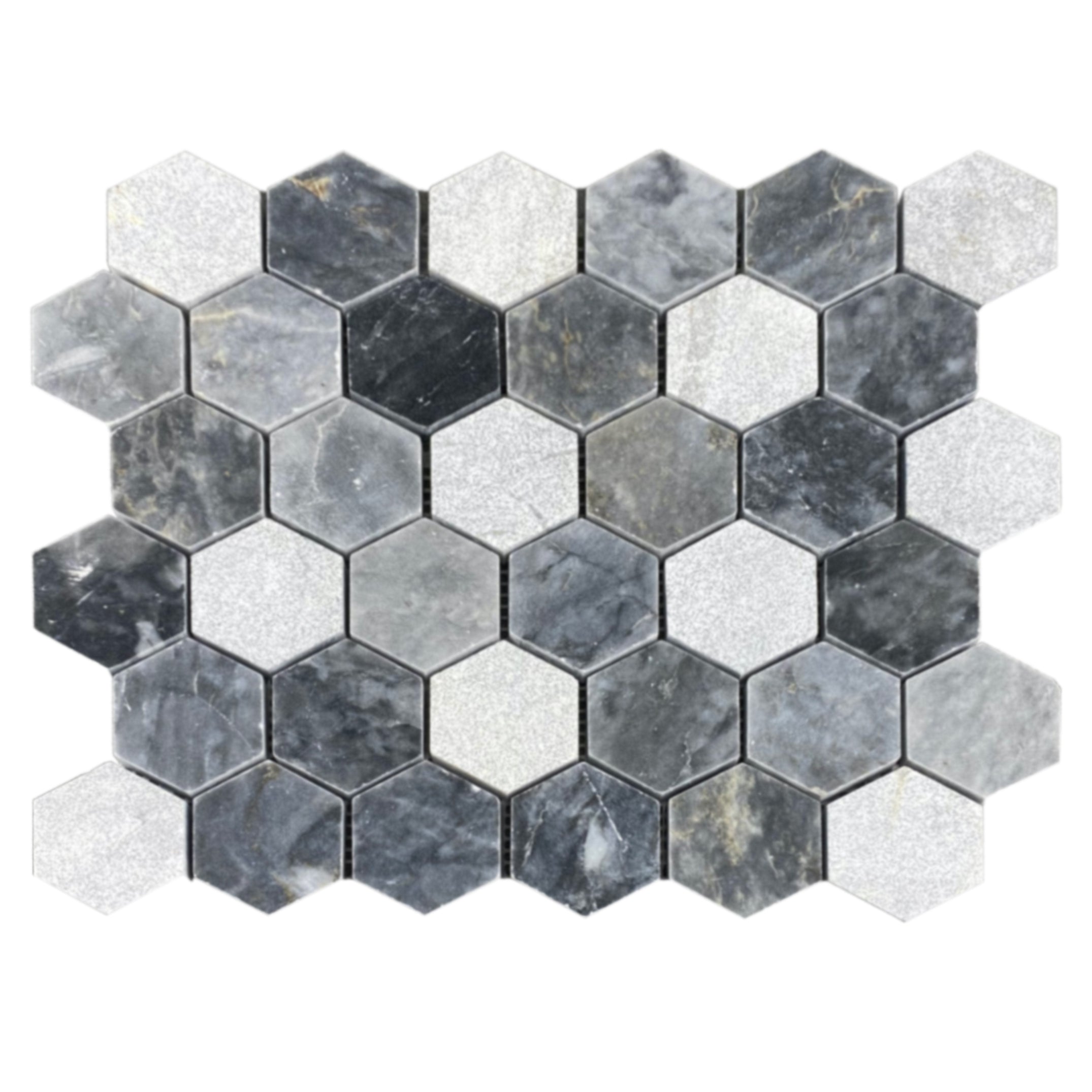 Luna Sky Marble 2" Hexagon Mixed Finish on 12" x 12" Mesh Mosaic Tile - Belair Collection