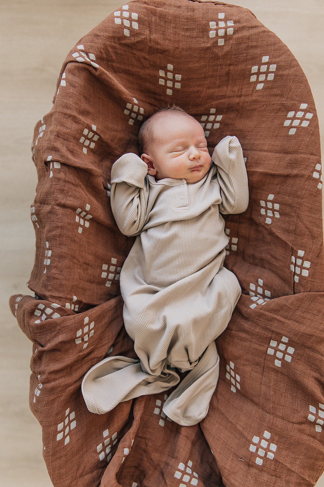 Oatmeal Organic Cotton Ribbed Knot Gown  Mebie Baby   