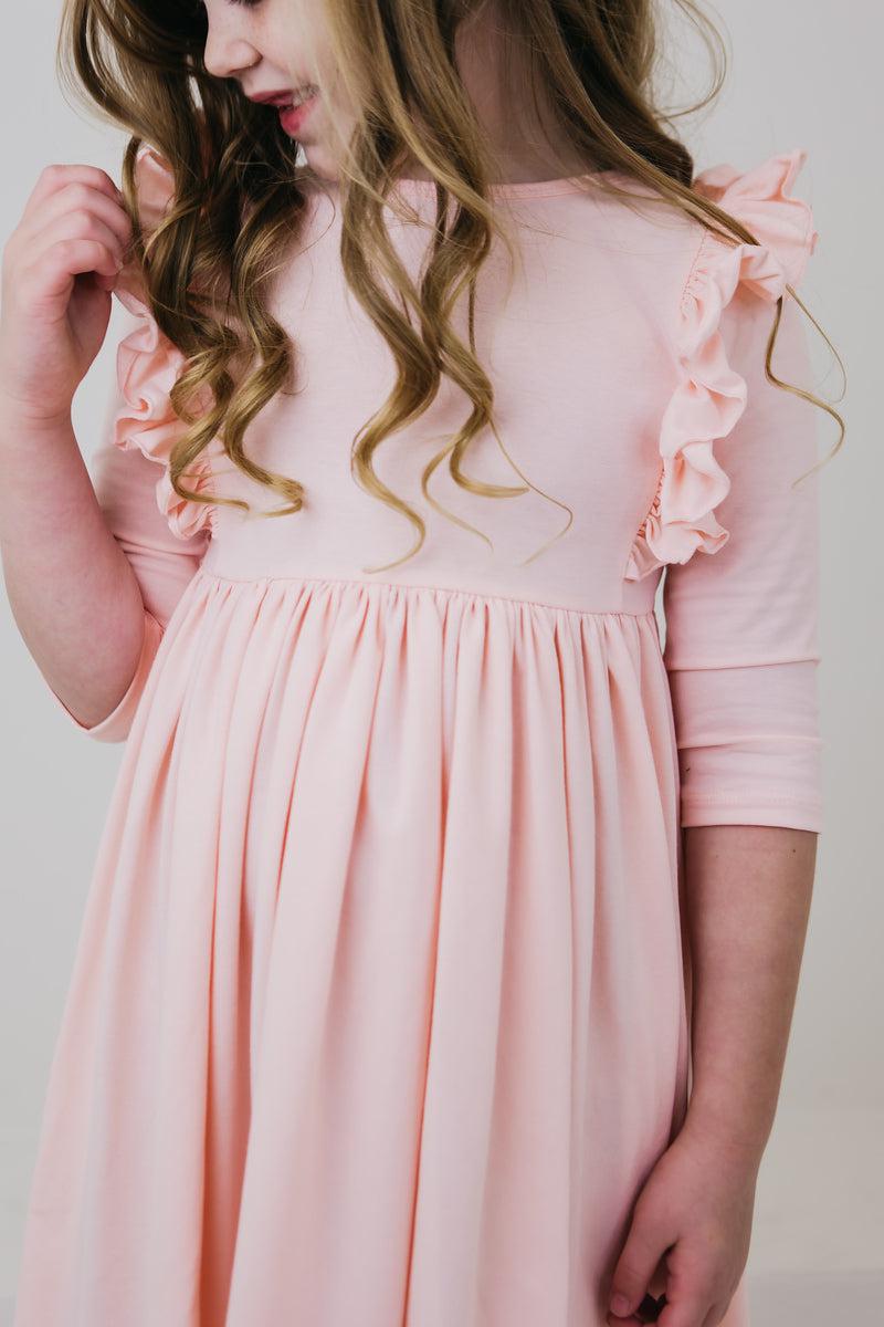 Petal Pink 3/4 Sleeve Ruffle Twirl Dress