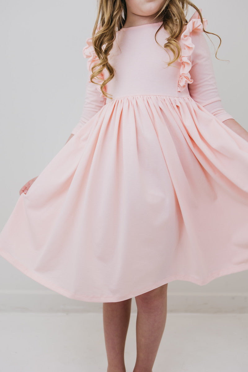 Petal Pink 3/4 Sleeve Ruffle Twirl Dress