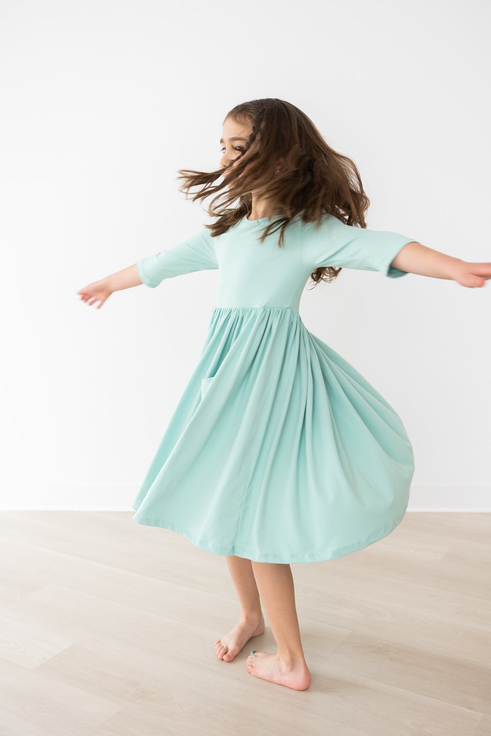 Sage 3/4 Sleeve Pocket Twirl Dress