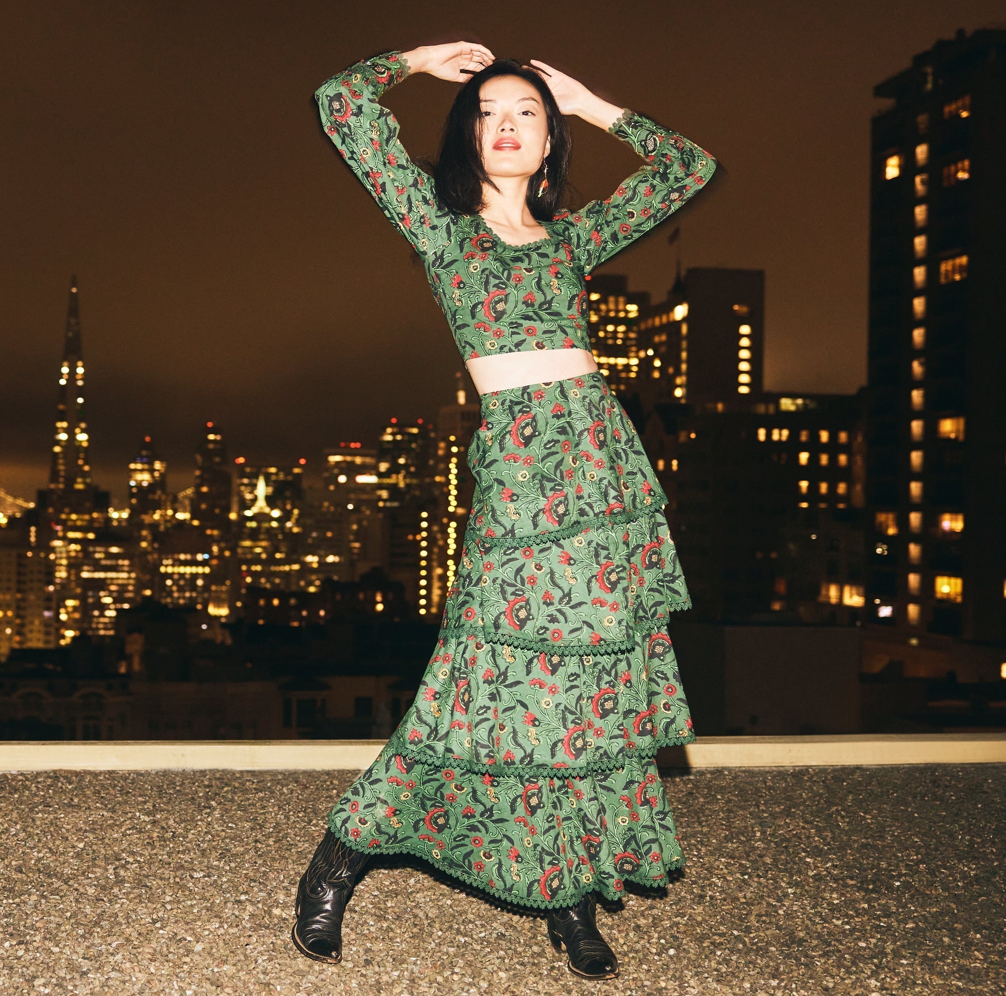 Brenda Tiered Skirt - Forest/Copper & Crimson Floral print