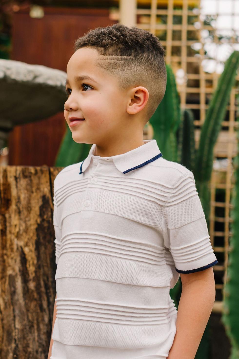 Baby Short Sleeve Sweater Polo - White Textured Stripe